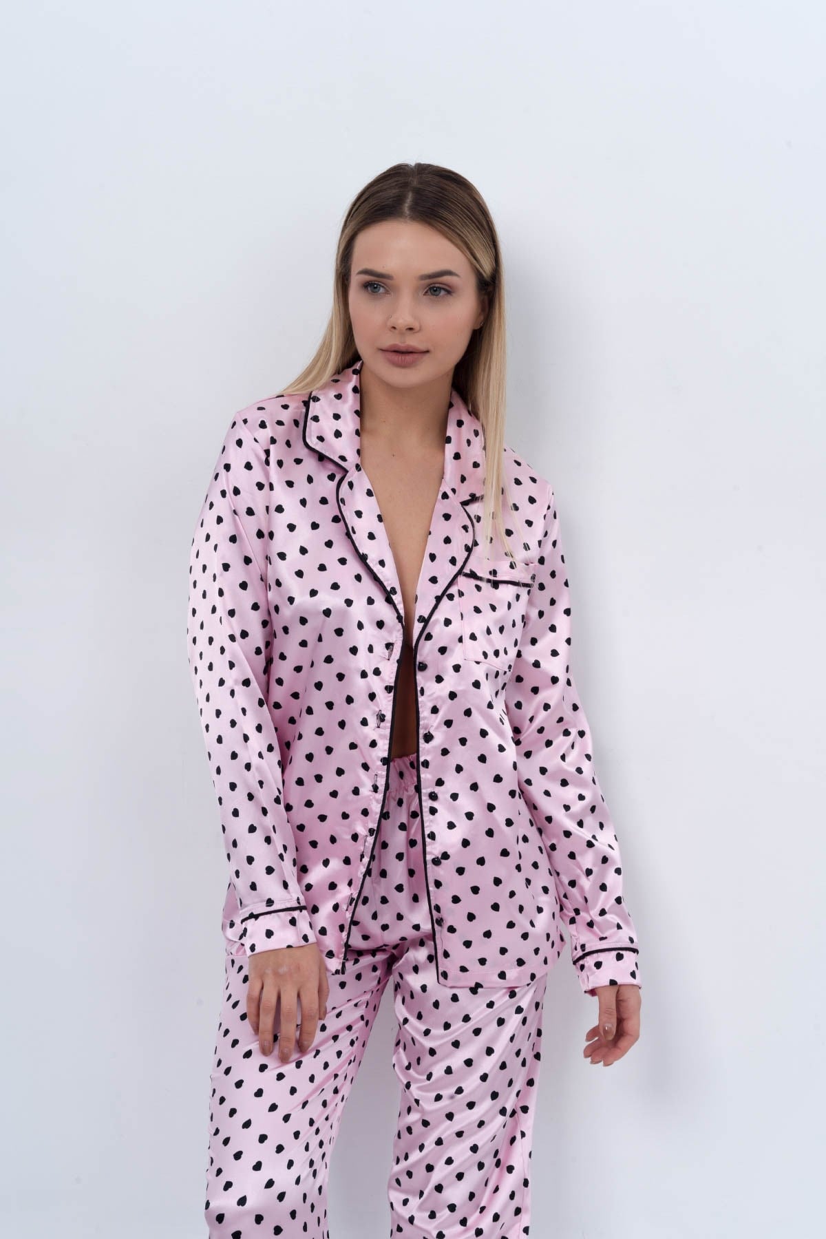 C&City Kadın Kalpli Uzun Kol Gömlek-Pantolon Takım 9054 Pembe/Siyah