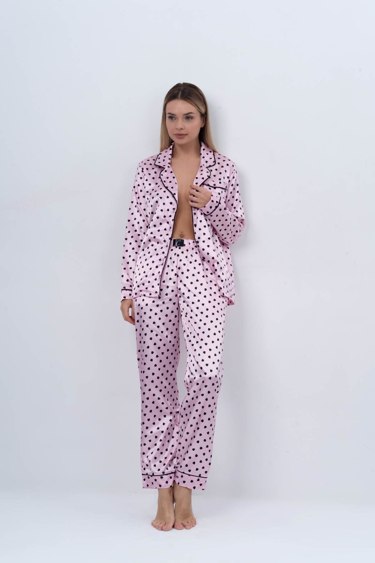 C&City Kadın Kalpli Uzun Kol Gömlek-Pantolon Takım 9054 Pembe/Siyah