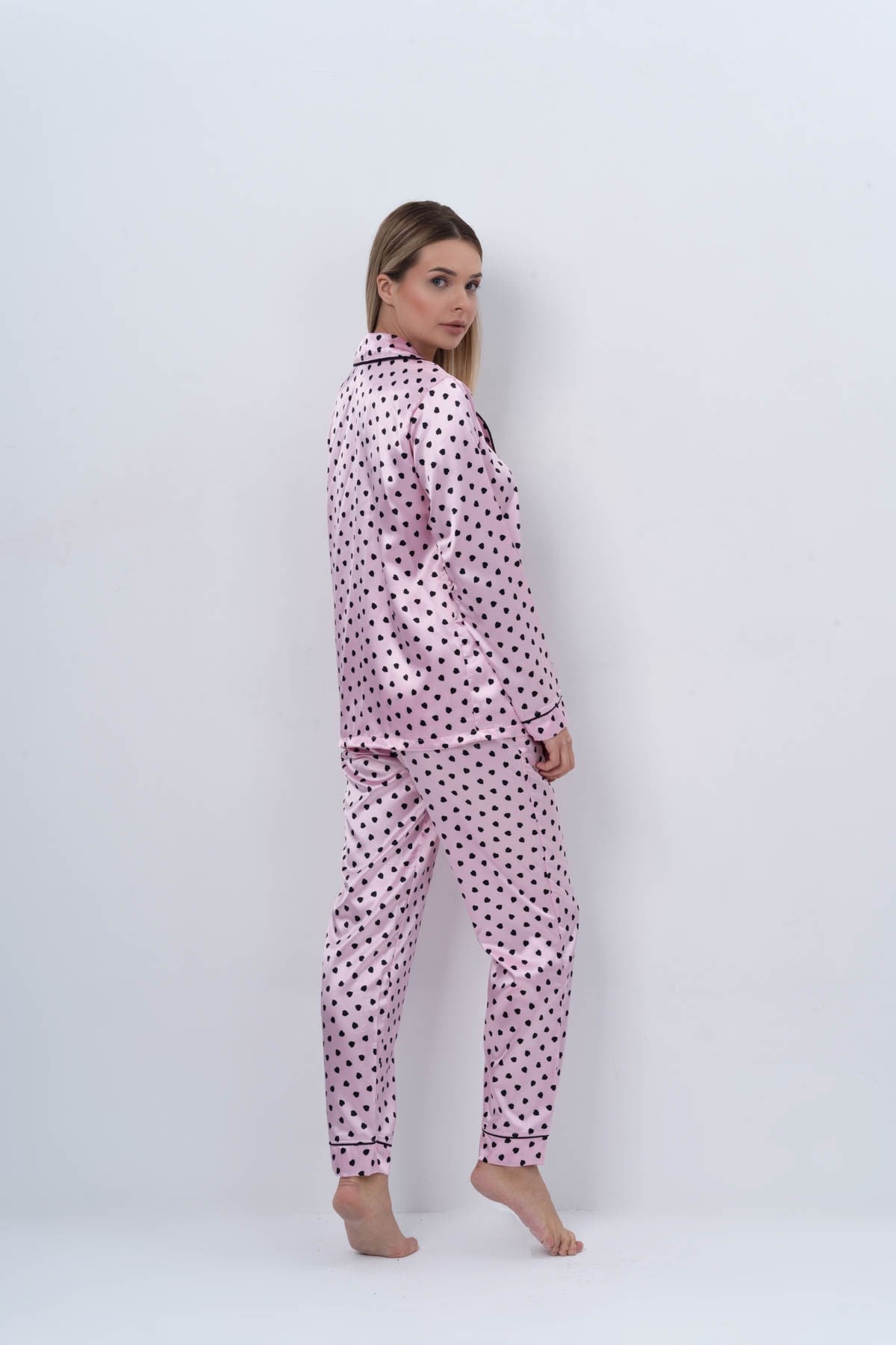 C&City Kadın Kalpli Uzun Kol Gömlek-Pantolon Takım 9054 Pembe/Siyah