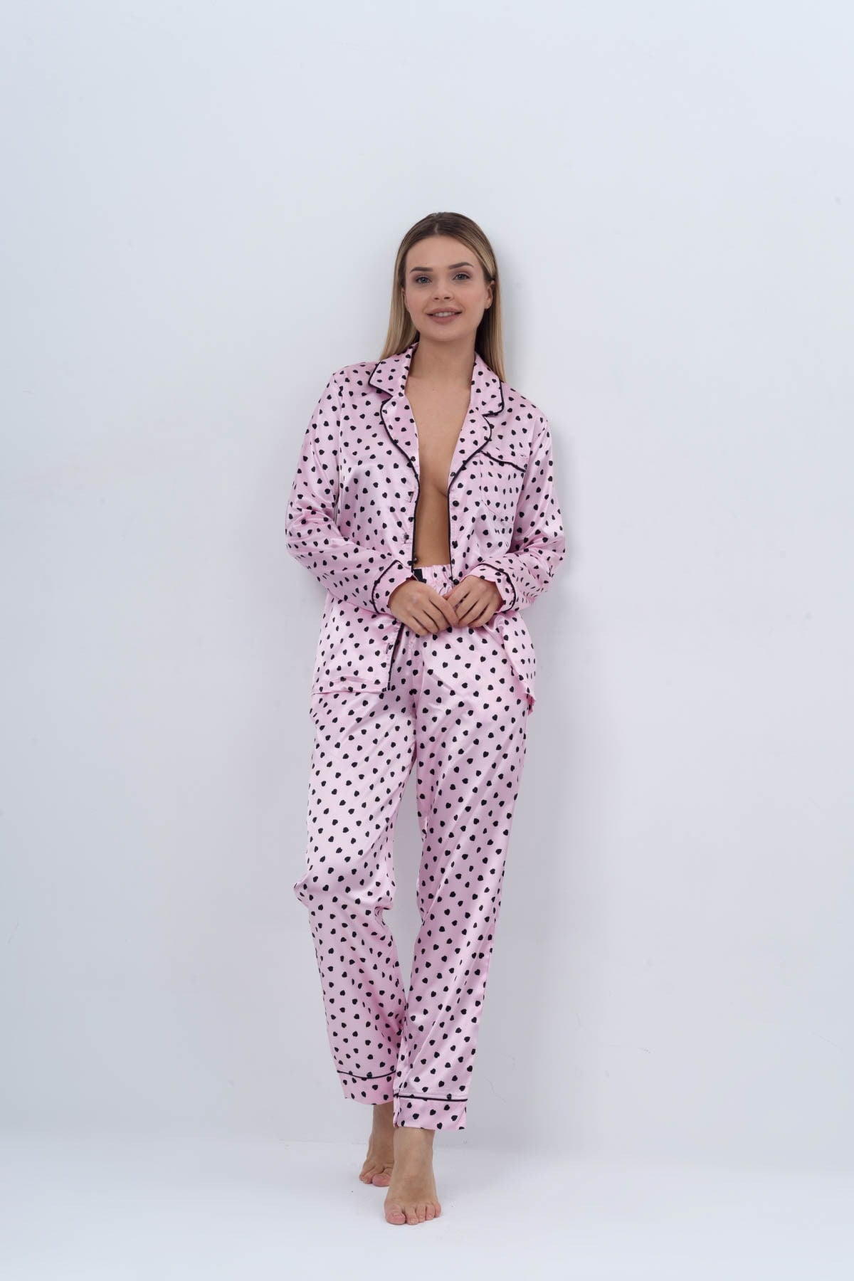 C&City Kadın Kalpli Uzun Kol Gömlek-Pantolon Takım 9054 Pembe/Siyah