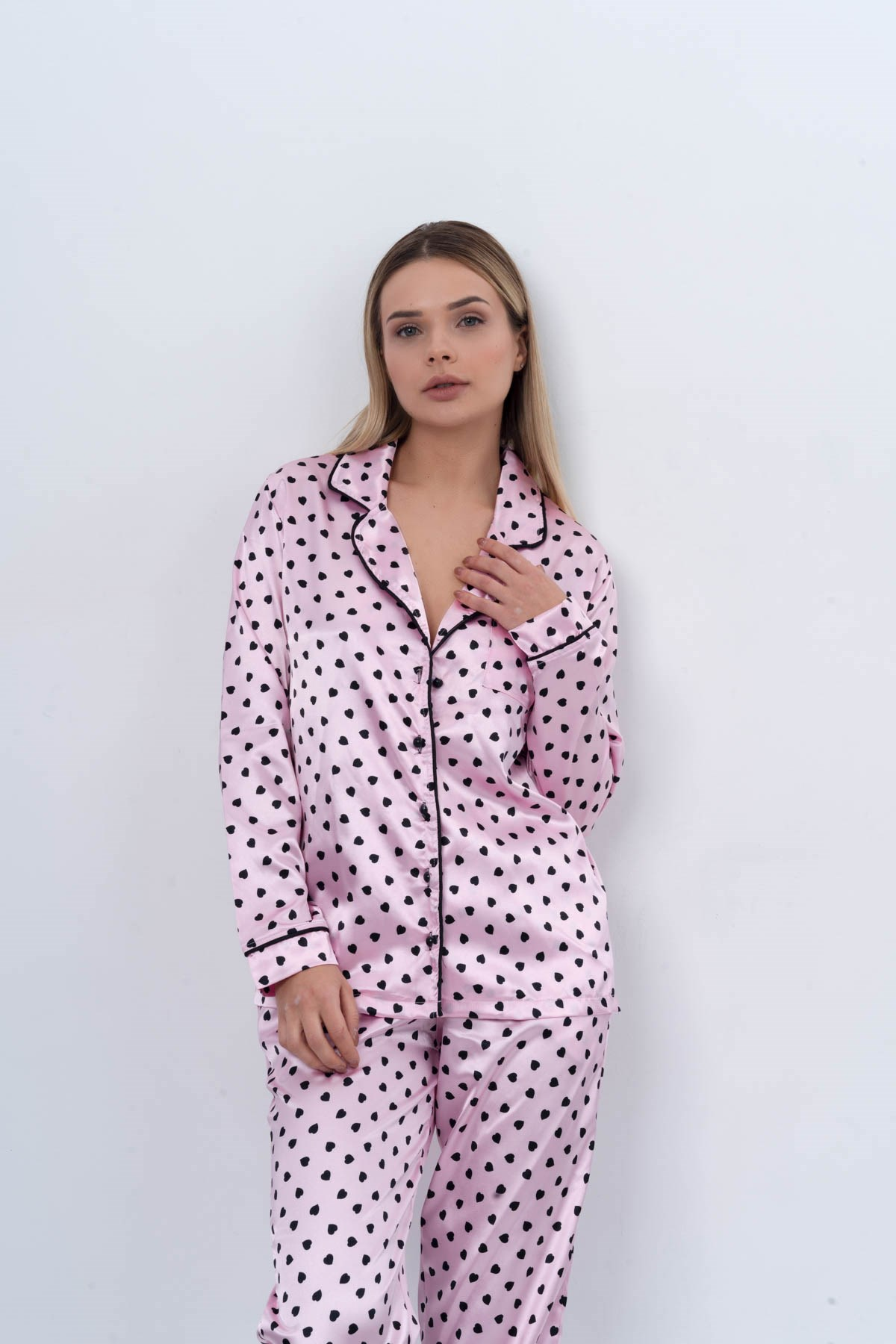 C&City Kadın Kalpli Uzun Kol Gömlek-Pantolon Takım 9054 Pembe/Siyah