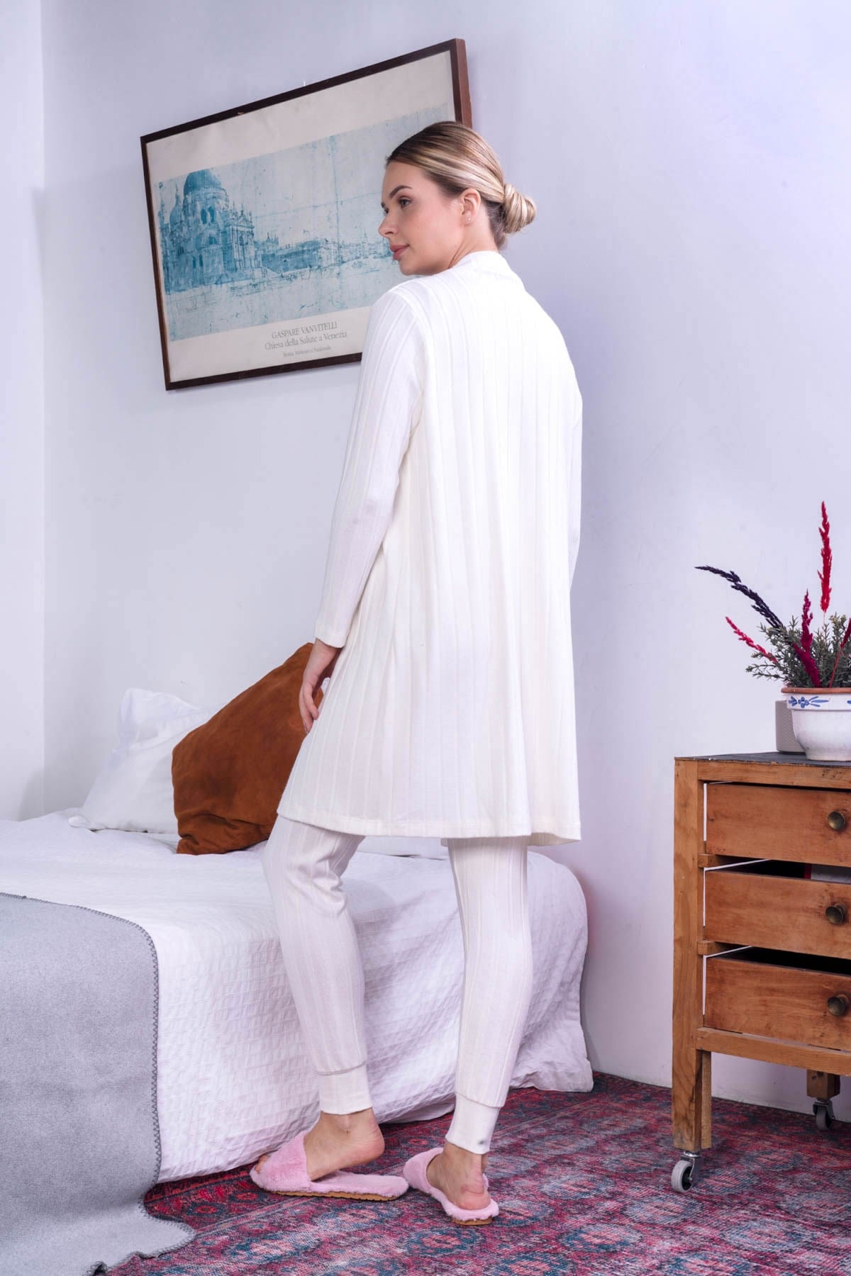 C&City Kadın Örme 3'lü Pijama Takım 9061 Ekru