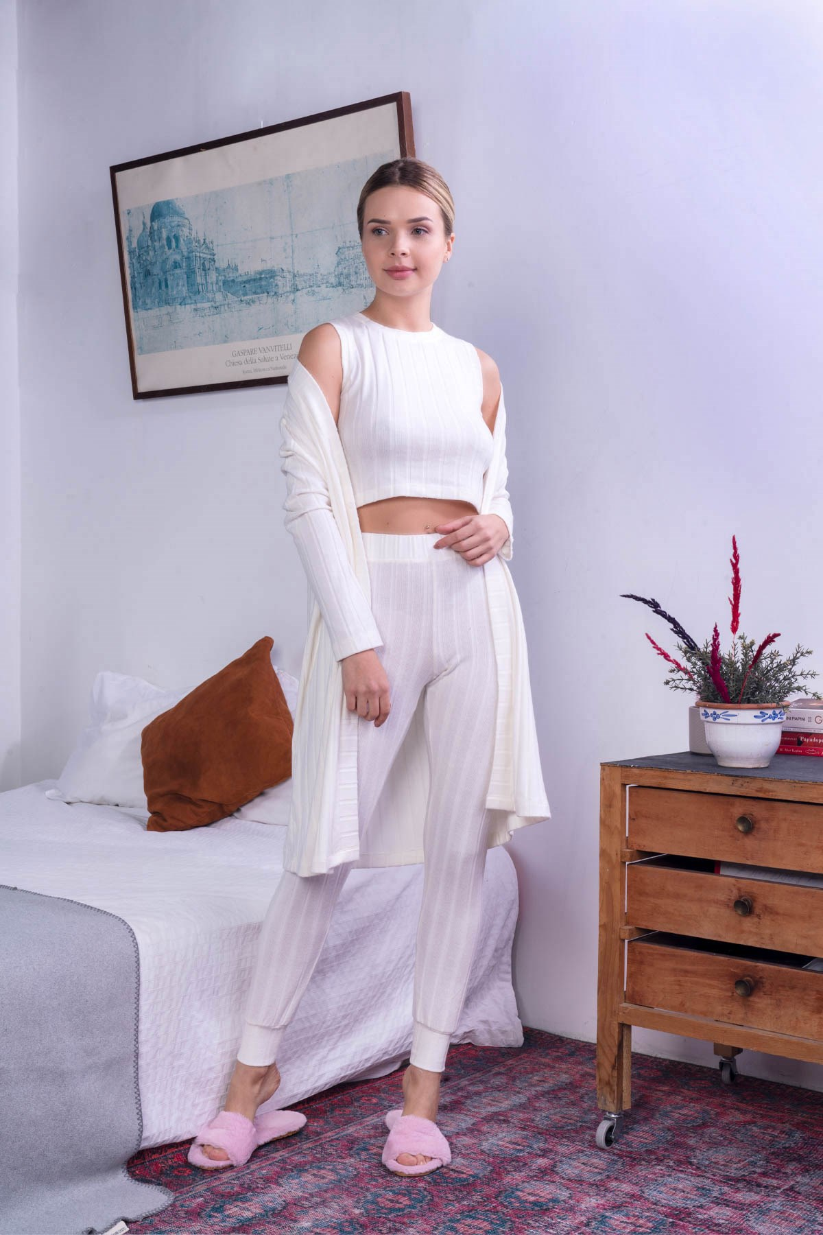 C&City Kadın Örme 3'lü Pijama Takım 9061 Ekru