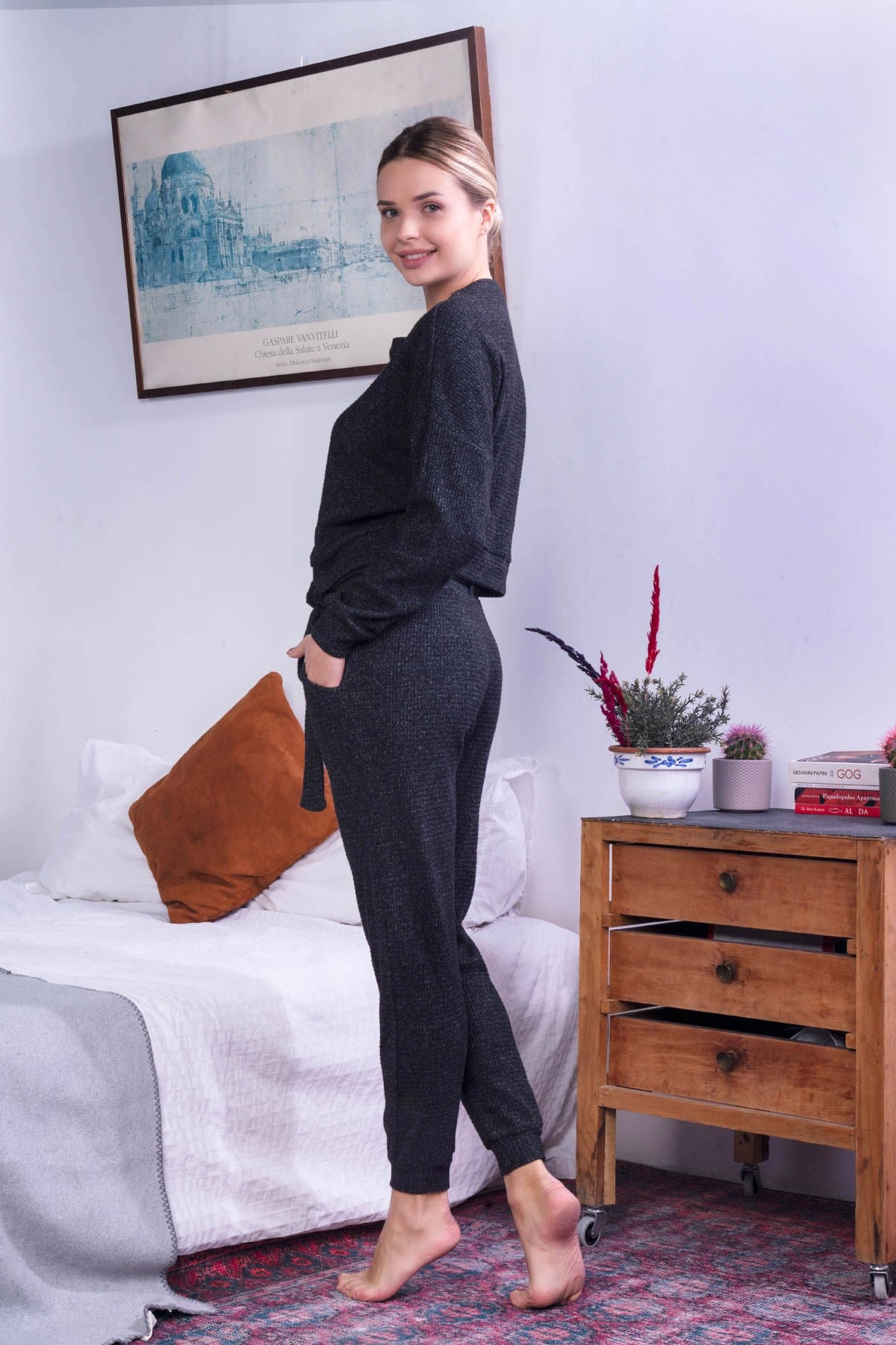 C&City Kadın Örme Pijama Takım 9055 Antrasit