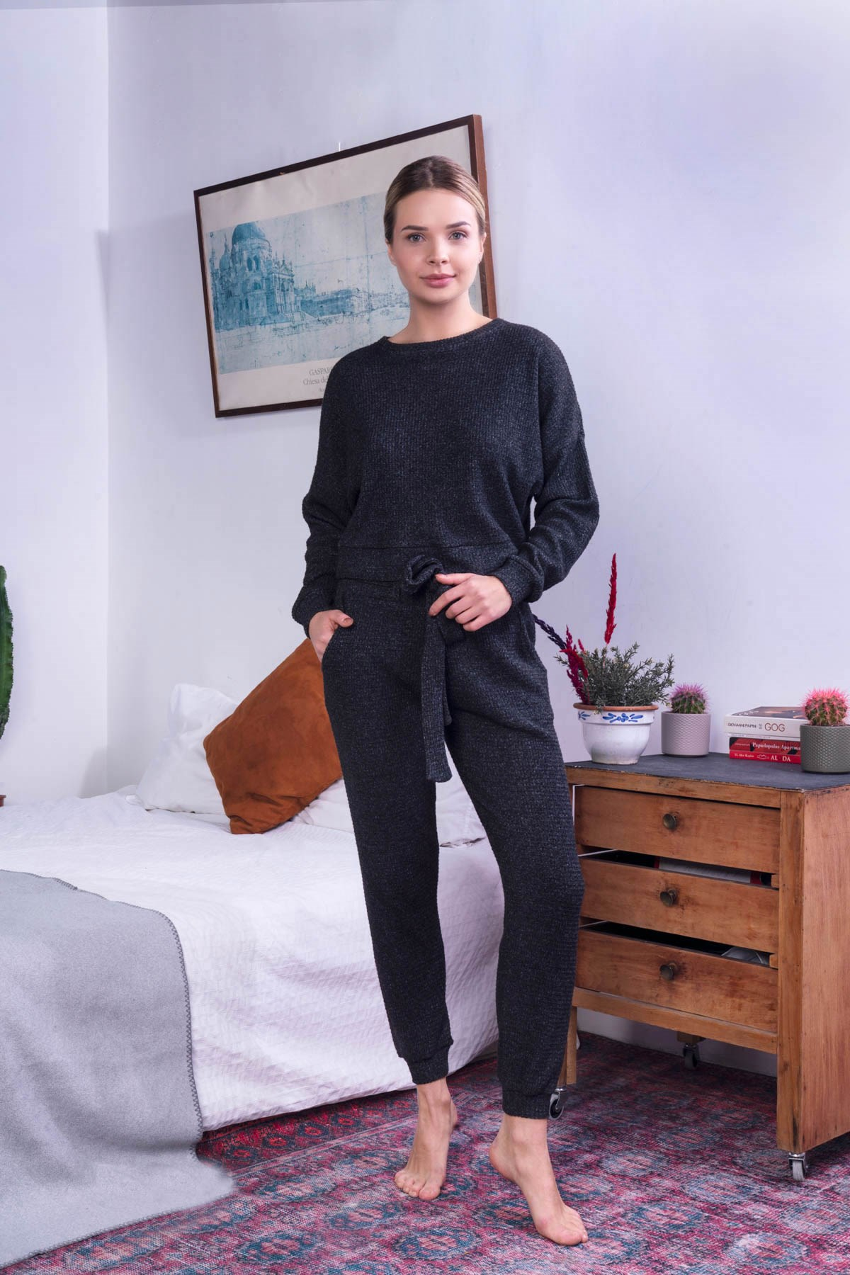 C&City Kadın Örme Pijama Takım 9055 Antrasit