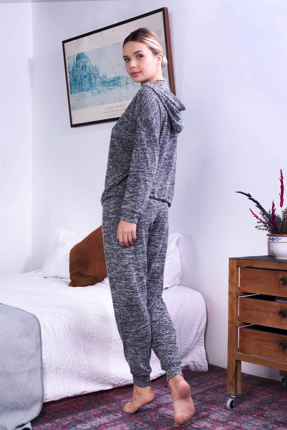 C&City Kadın Örme Pijama Takım 9057 Antrasit