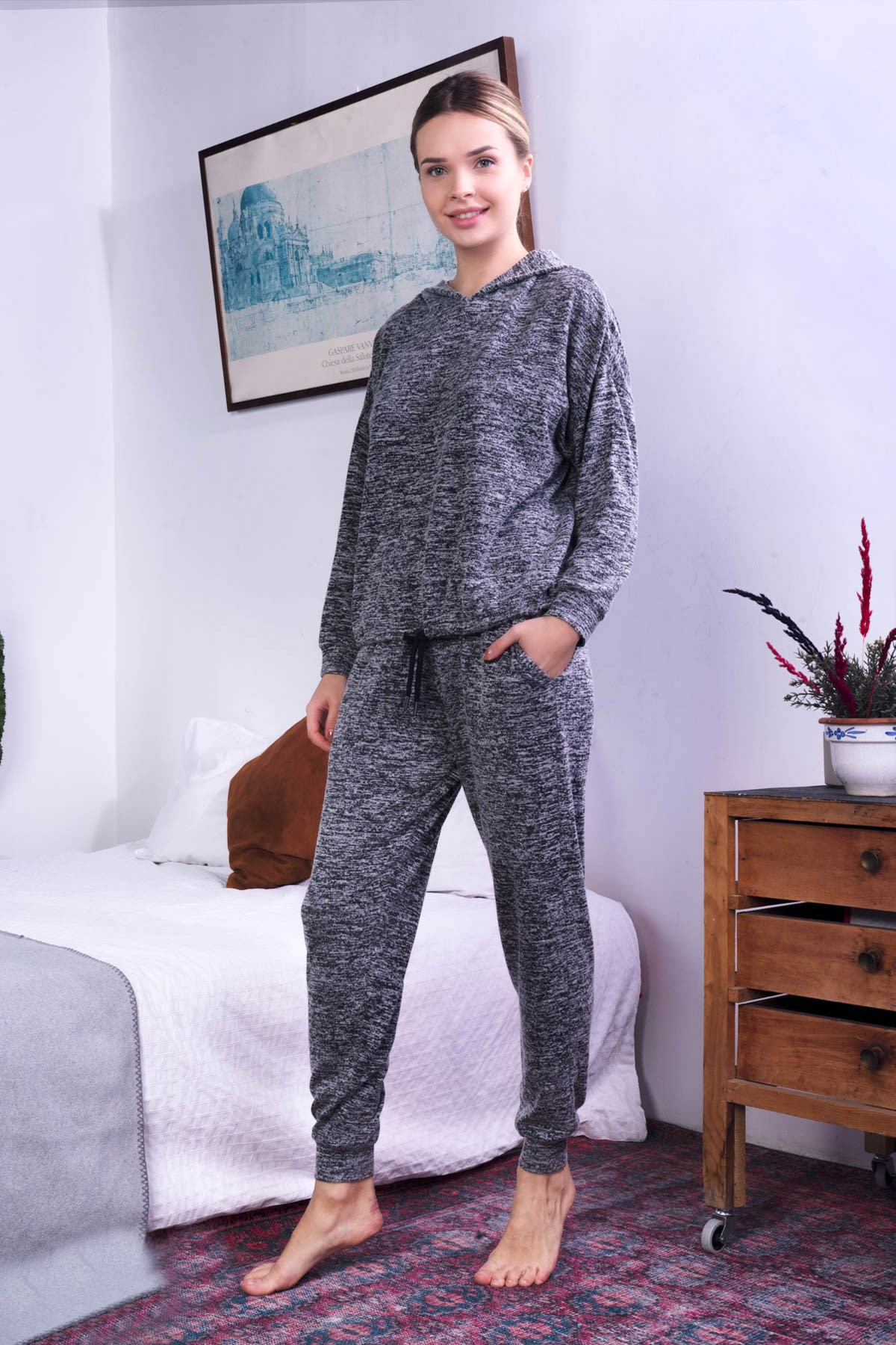 C&City Kadın Örme Pijama Takım 9057 Antrasit