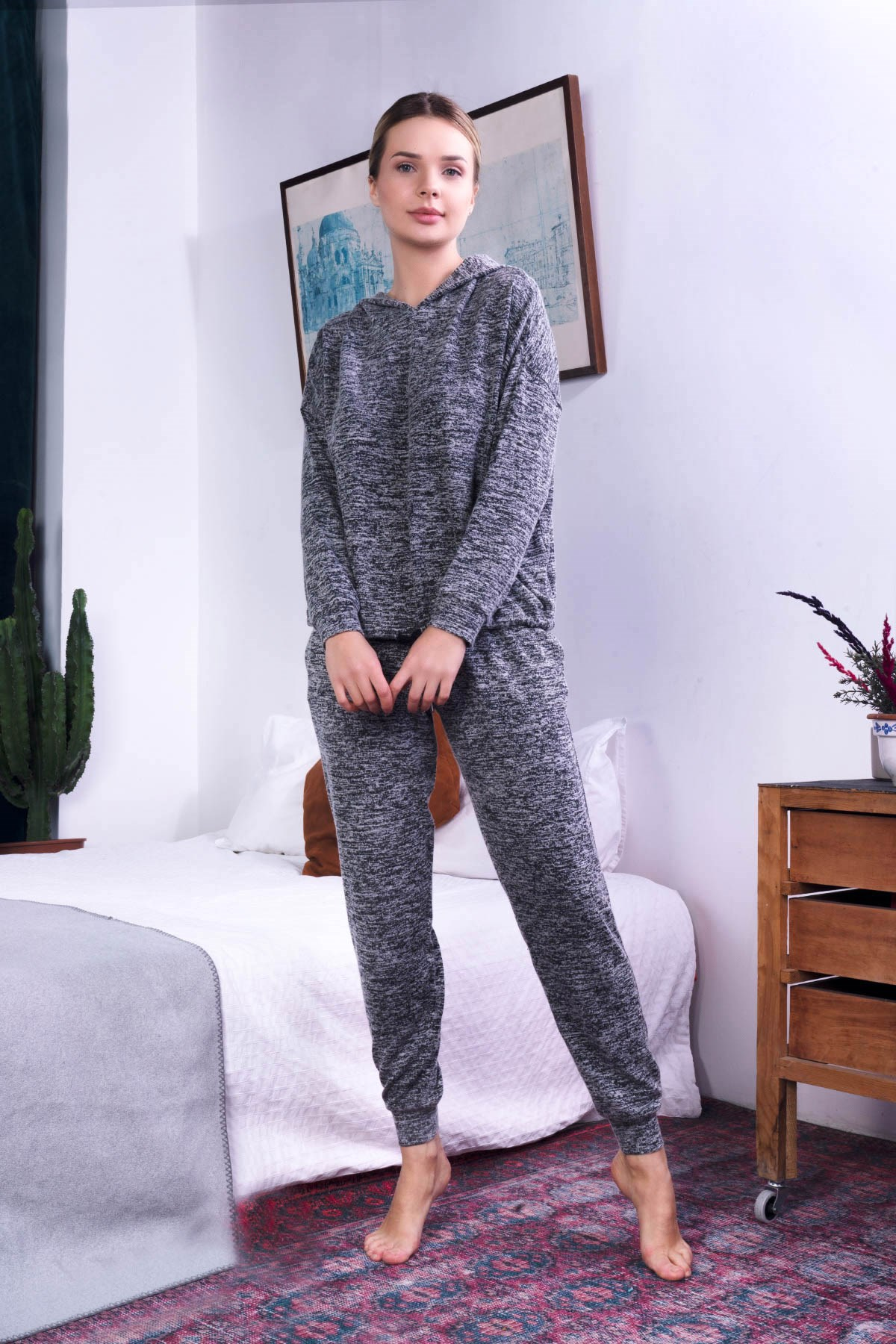 C&City Kadın Örme Pijama Takım 9057 Antrasit