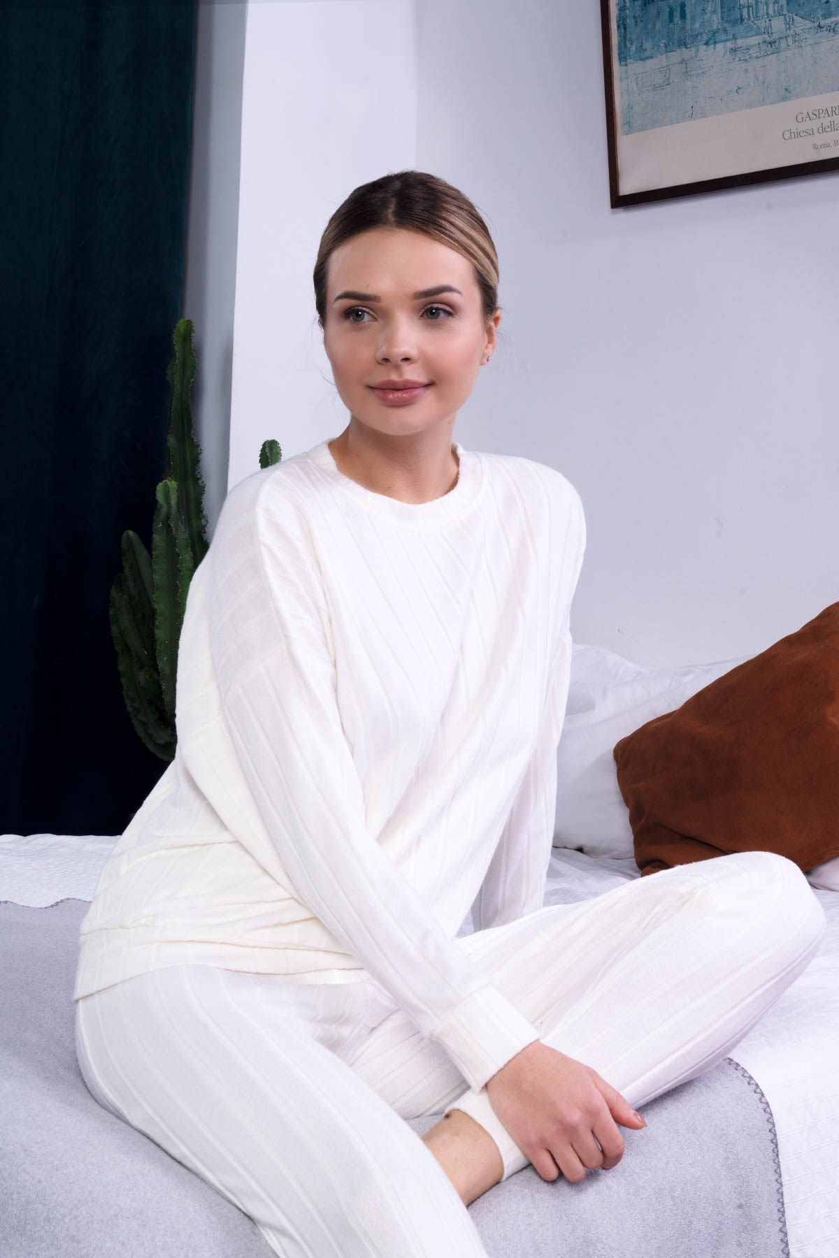 C&City Kadın Örme Pijama Takım 9059 Ekru
