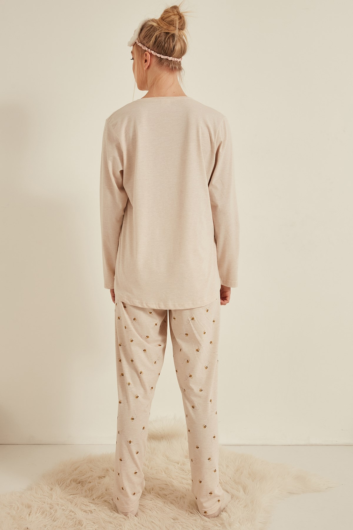 C&City Kadın Uzun Kol Büyük Beden Pijama Takım 0042590240 Bej