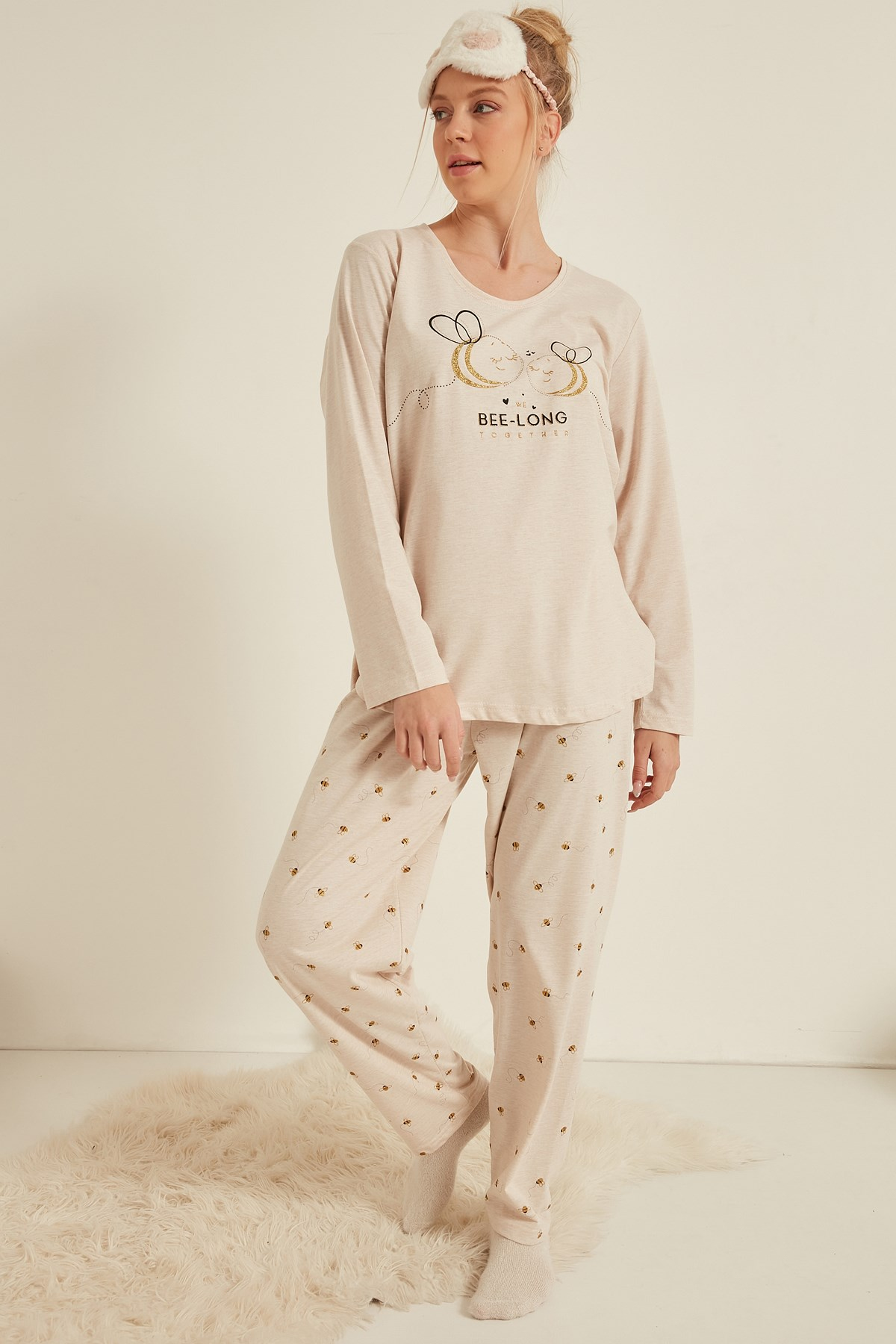 C&City Kadın Uzun Kol Büyük Beden Pijama Takım 0042590240 Bej