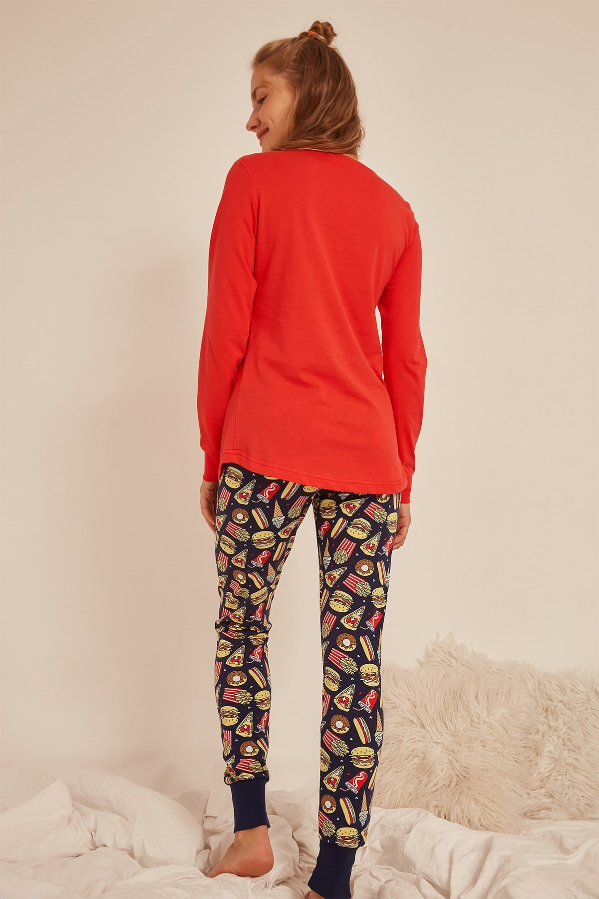 C&City Kadın Uzun Kol Pijama Takım 0030035258 Kırmızı