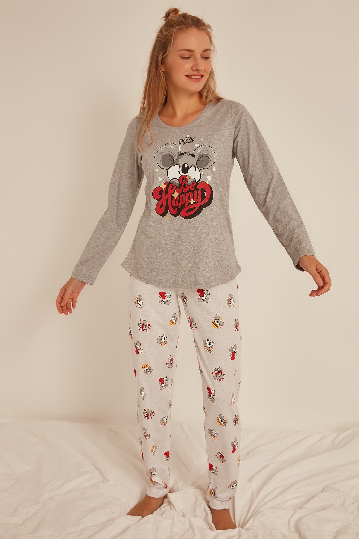 C&City Kadın Uzun Kol Pijama Takım 0031060314 Gri Melanj