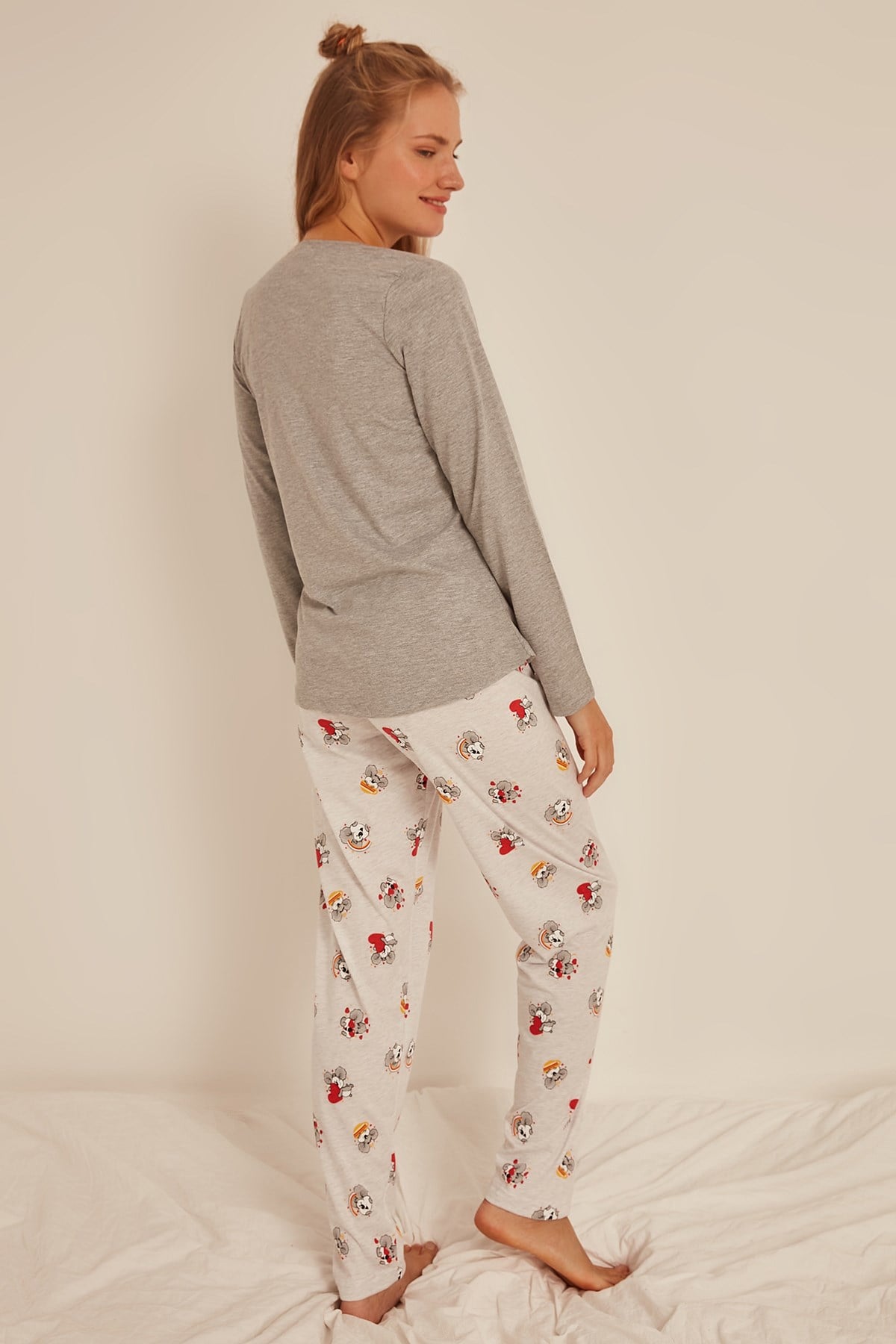 C&City Kadın Uzun Kol Pijama Takım 0031060314 Gri Melanj