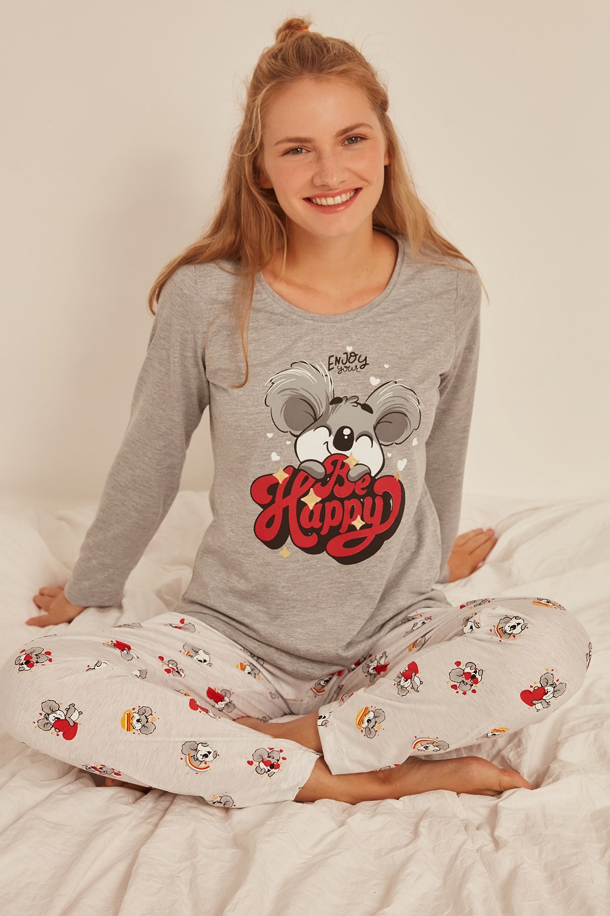 C&City Kadın Uzun Kol Pijama Takım 0031060314 Gri Melanj