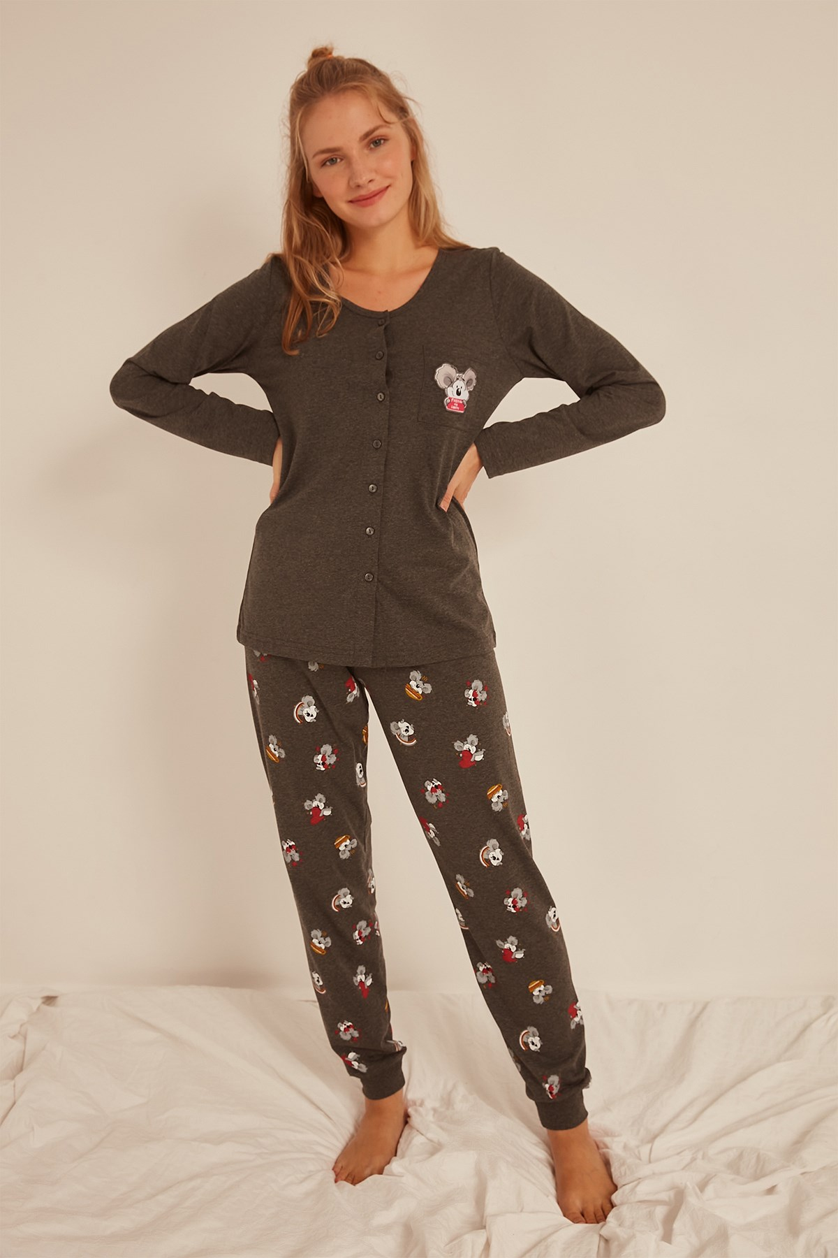 C&City Kadın Uzun Kol Pijama Takım 0031070314 Antrasit