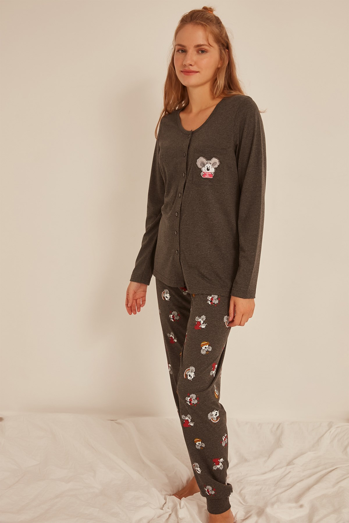 C&City Kadın Uzun Kol Pijama Takım 0031070314 Antrasit