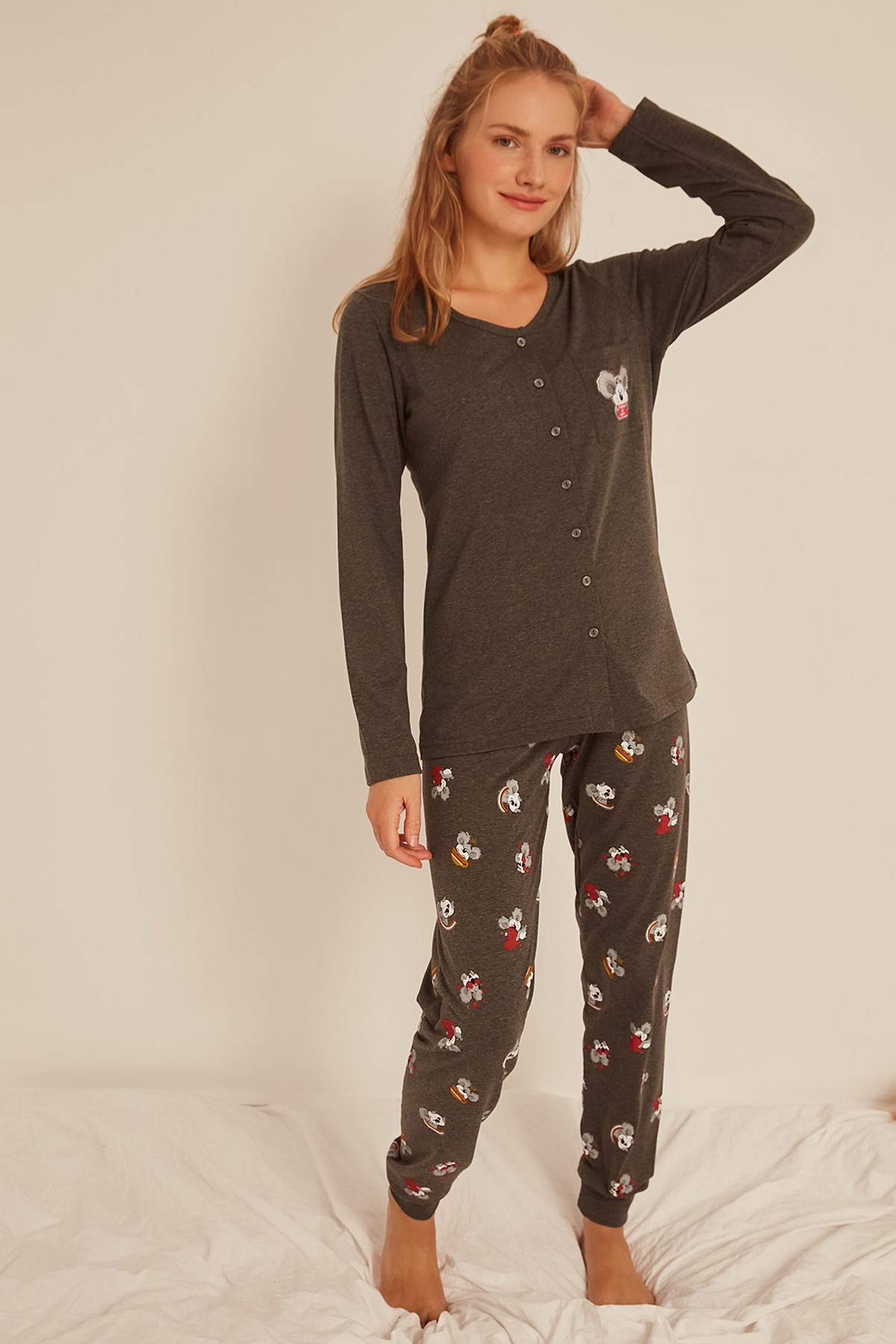 C&City Kadın Uzun Kol Pijama Takım 0031070314 Antrasit
