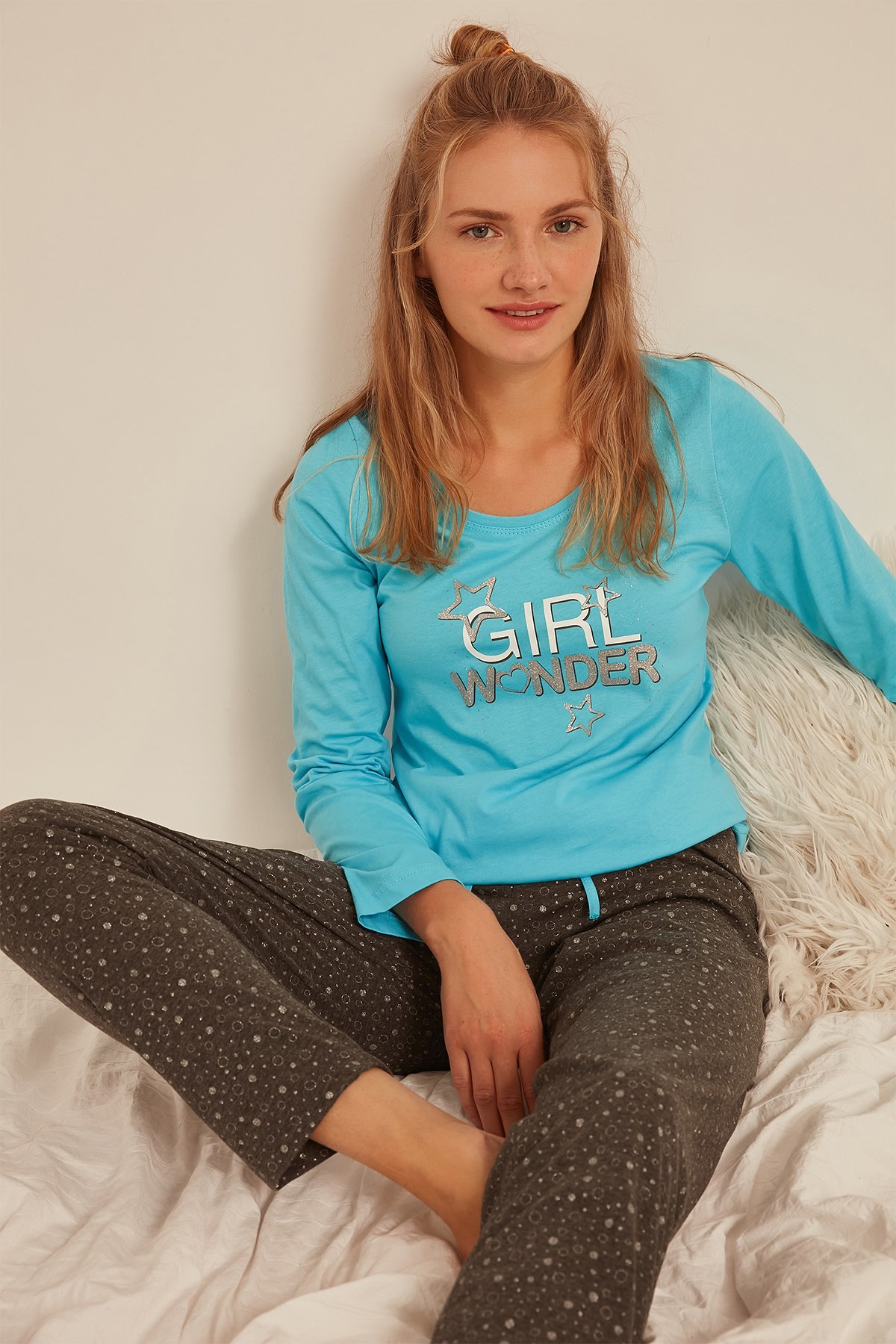C&City Kadın Uzun Kol Pijama Takım 0040601147 Mavi