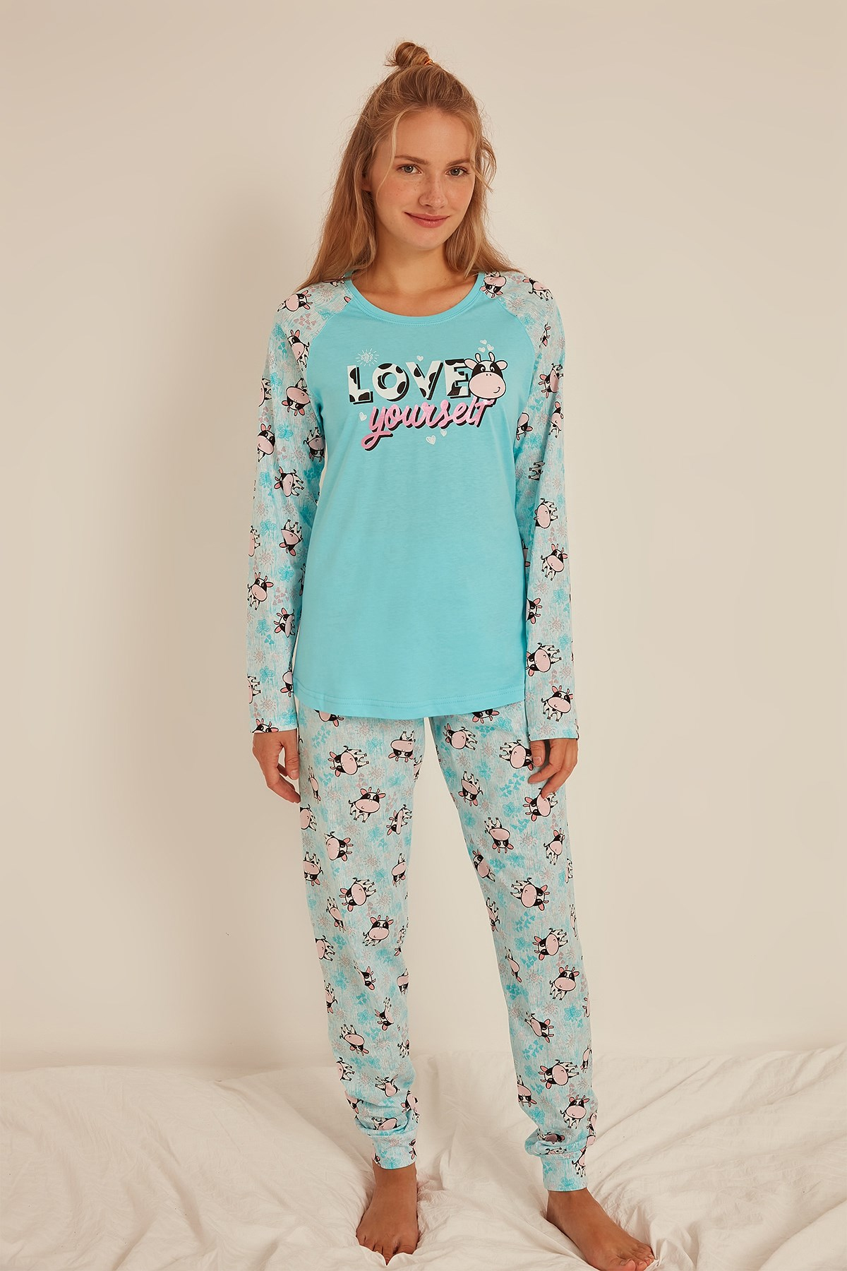 C&City Kadın Uzun Kol Pijama Takım 0041525623 Mavi
