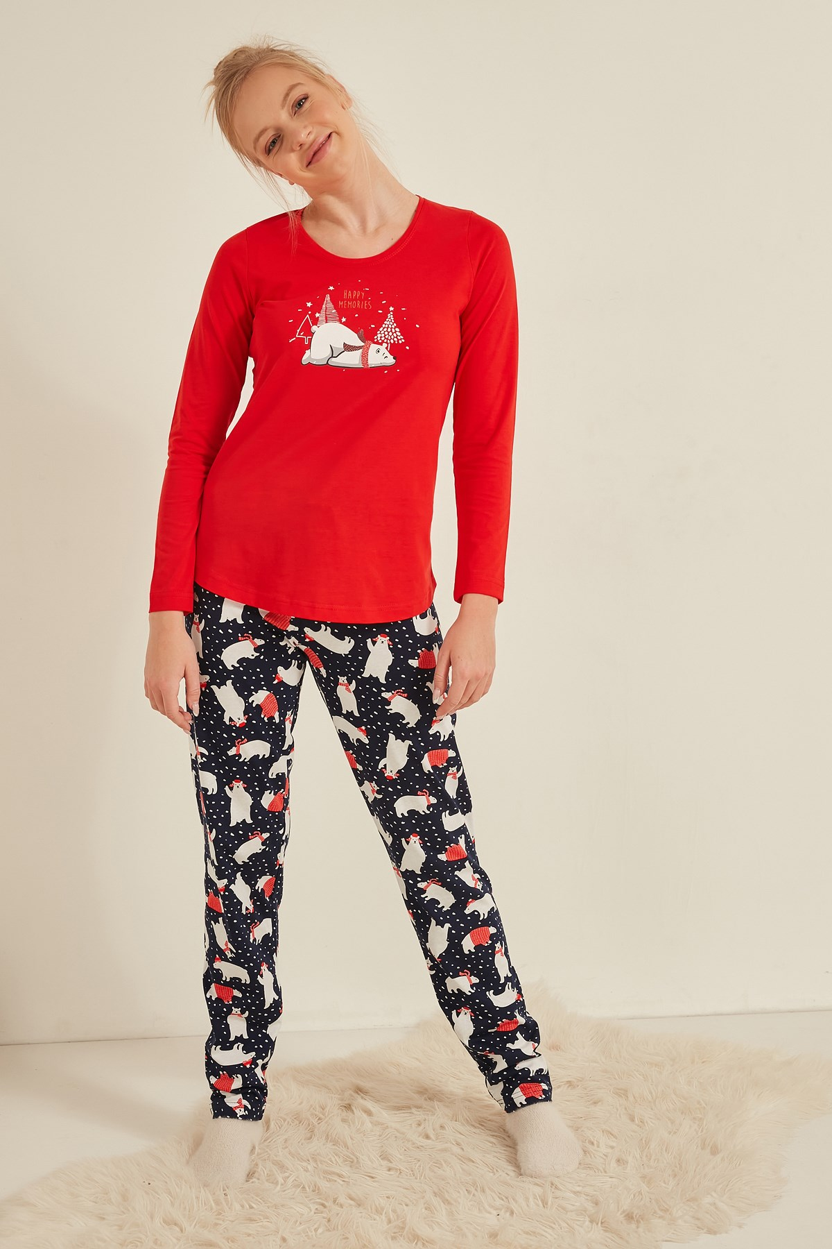 C&City Kadın Uzun Kol Pijama Takım 0040213919 Kırmızı