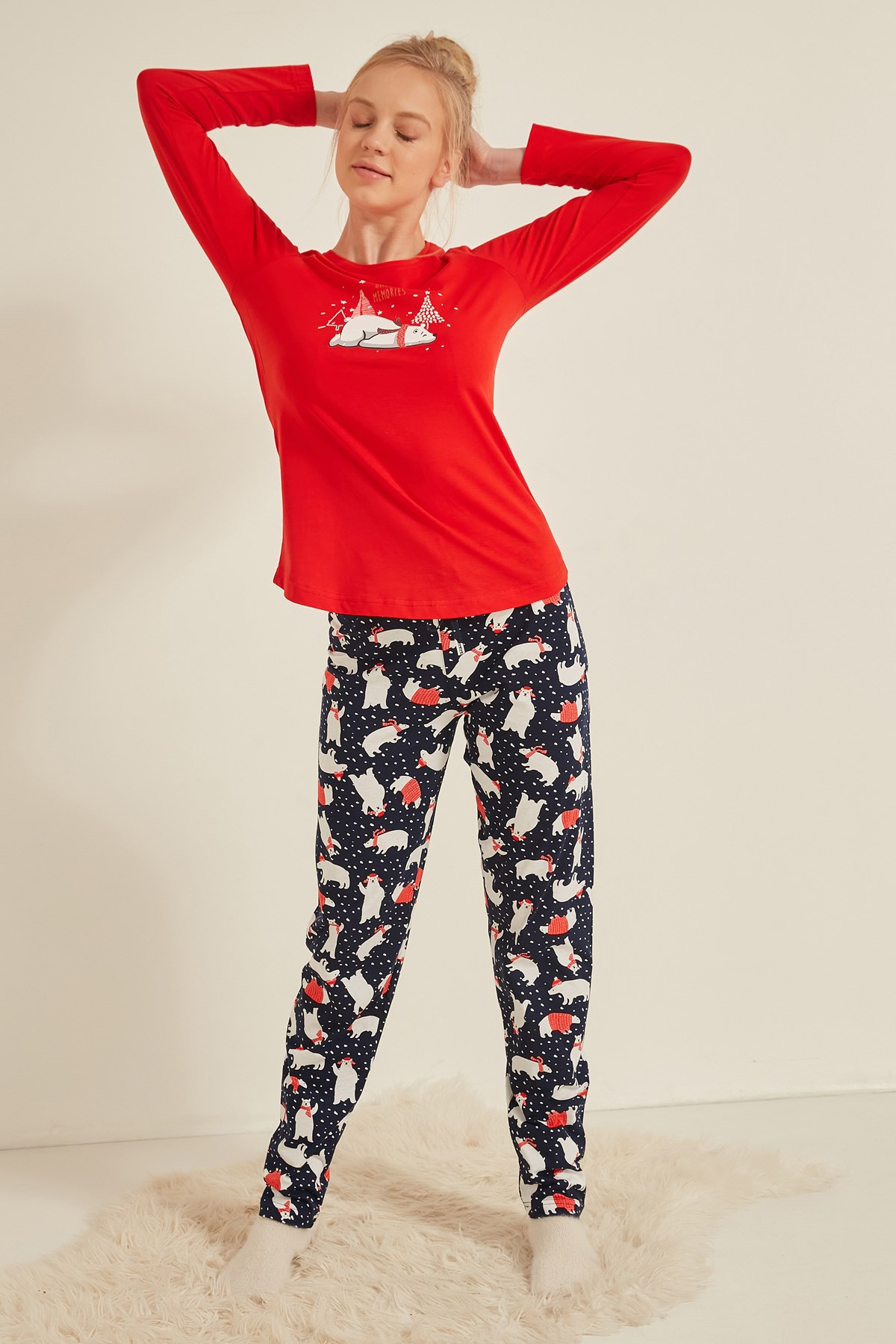 C&City Kadın Uzun Kol Pijama Takım 0040213919 Kırmızı