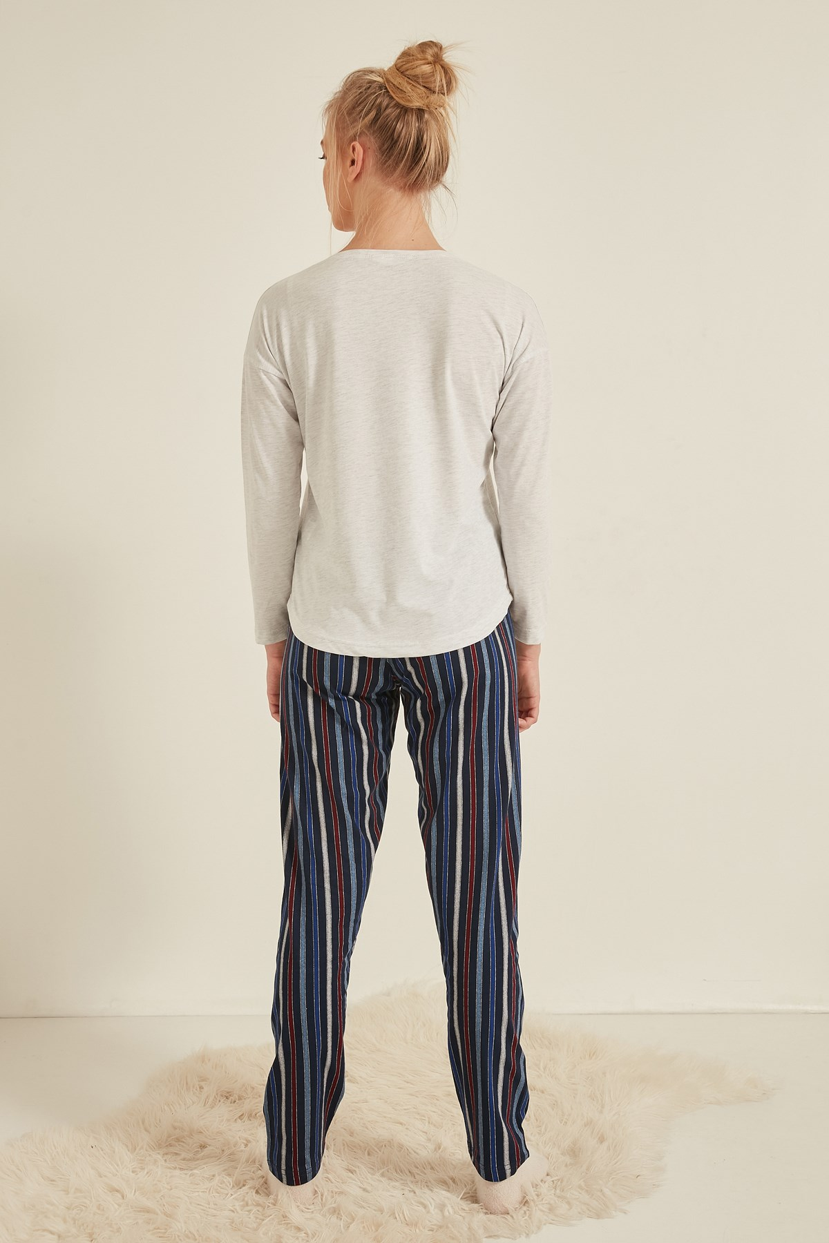 C&City Kadın Uzun Kol Pijama Takım 0040590267 Gri Melanj