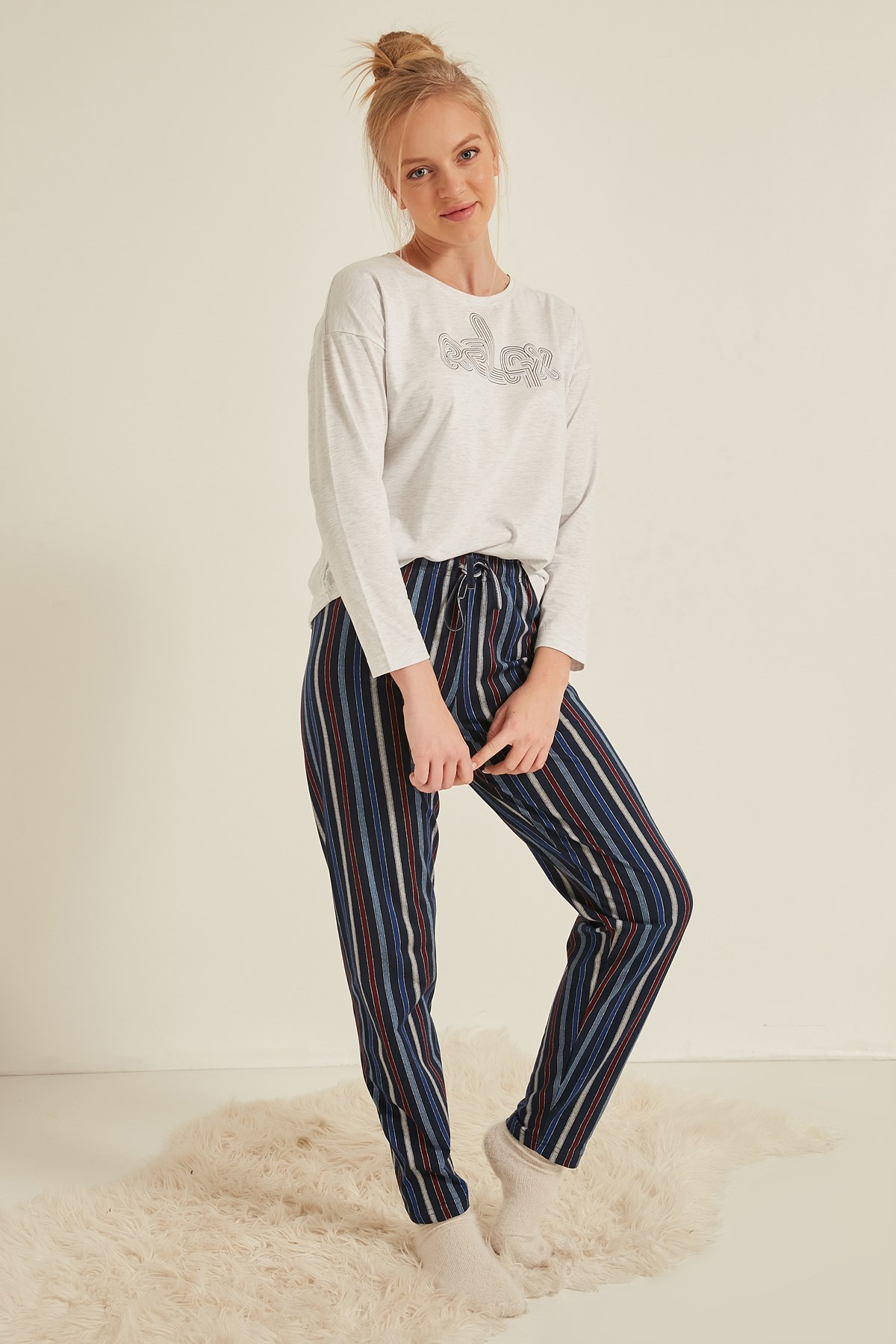 C&City Kadın Uzun Kol Pijama Takım 0040590267 Gri Melanj