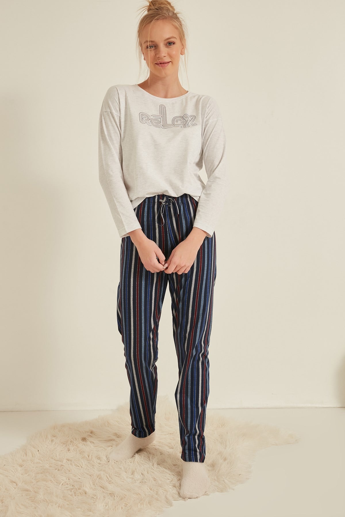 C&City Kadın Uzun Kol Pijama Takım 0040590267 Gri Melanj