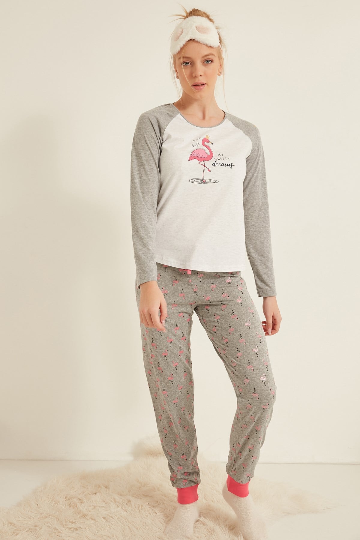 C&City Kadın Uzun Kol Pijama Takım 0041604949 Gri Melanj