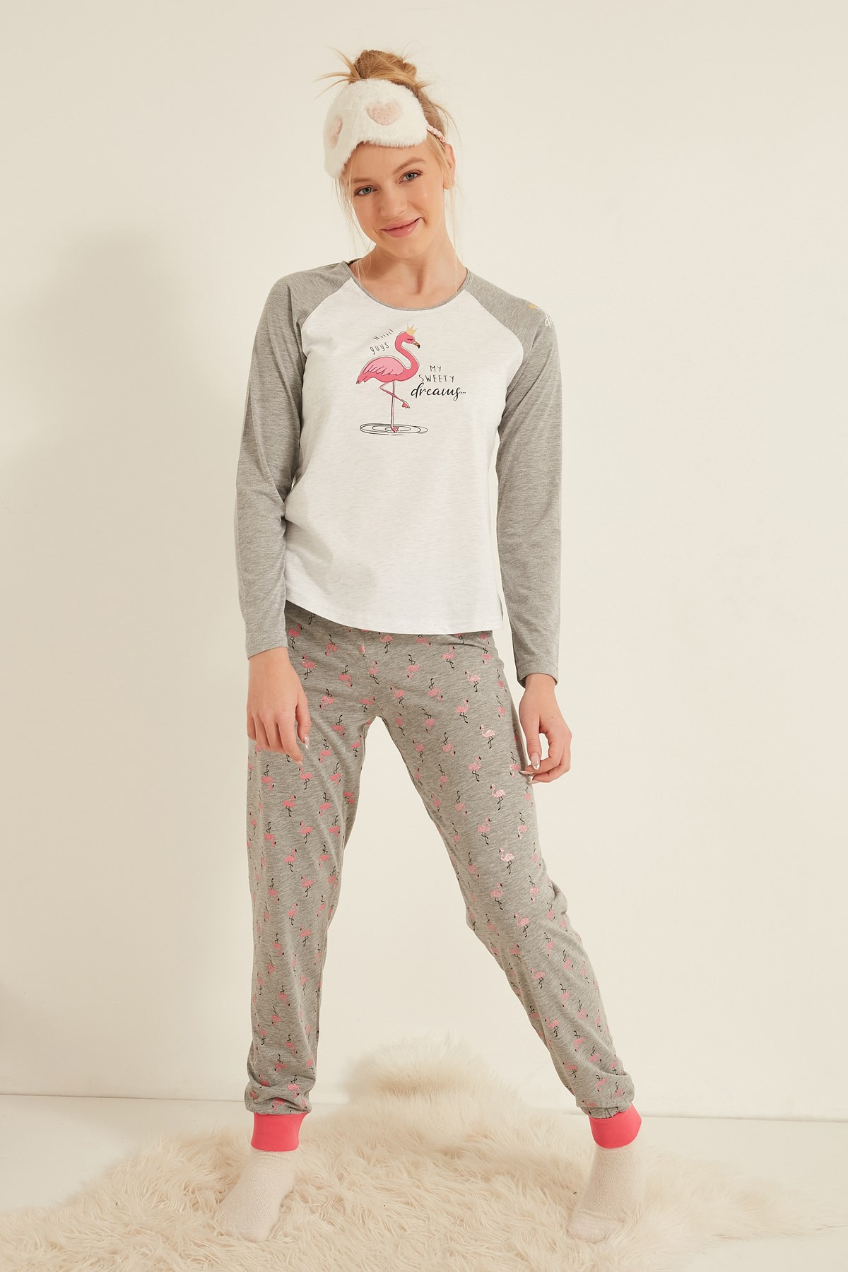 C&City Kadın Uzun Kol Pijama Takım 0041604949 Gri Melanj