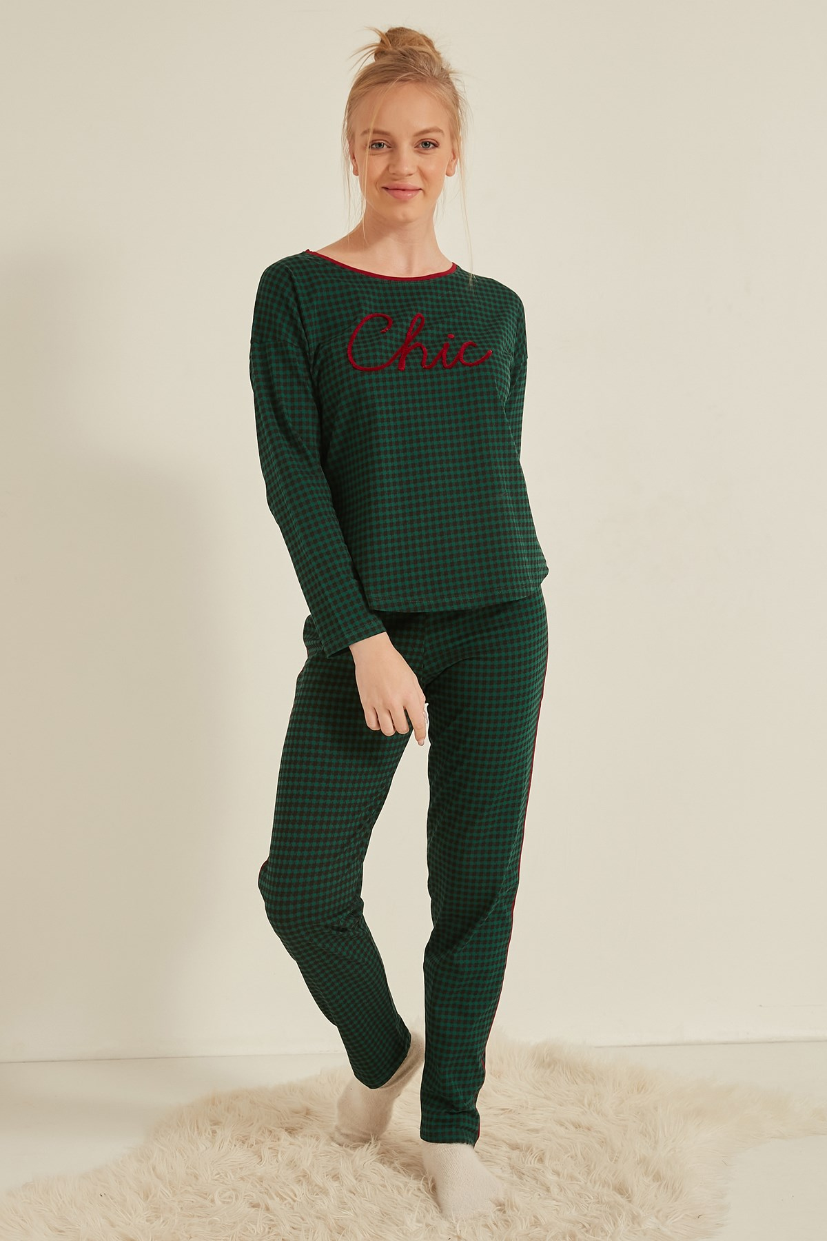 C&City Kadın Uzun Kol Pijama Takım 0041652090 Yeşil