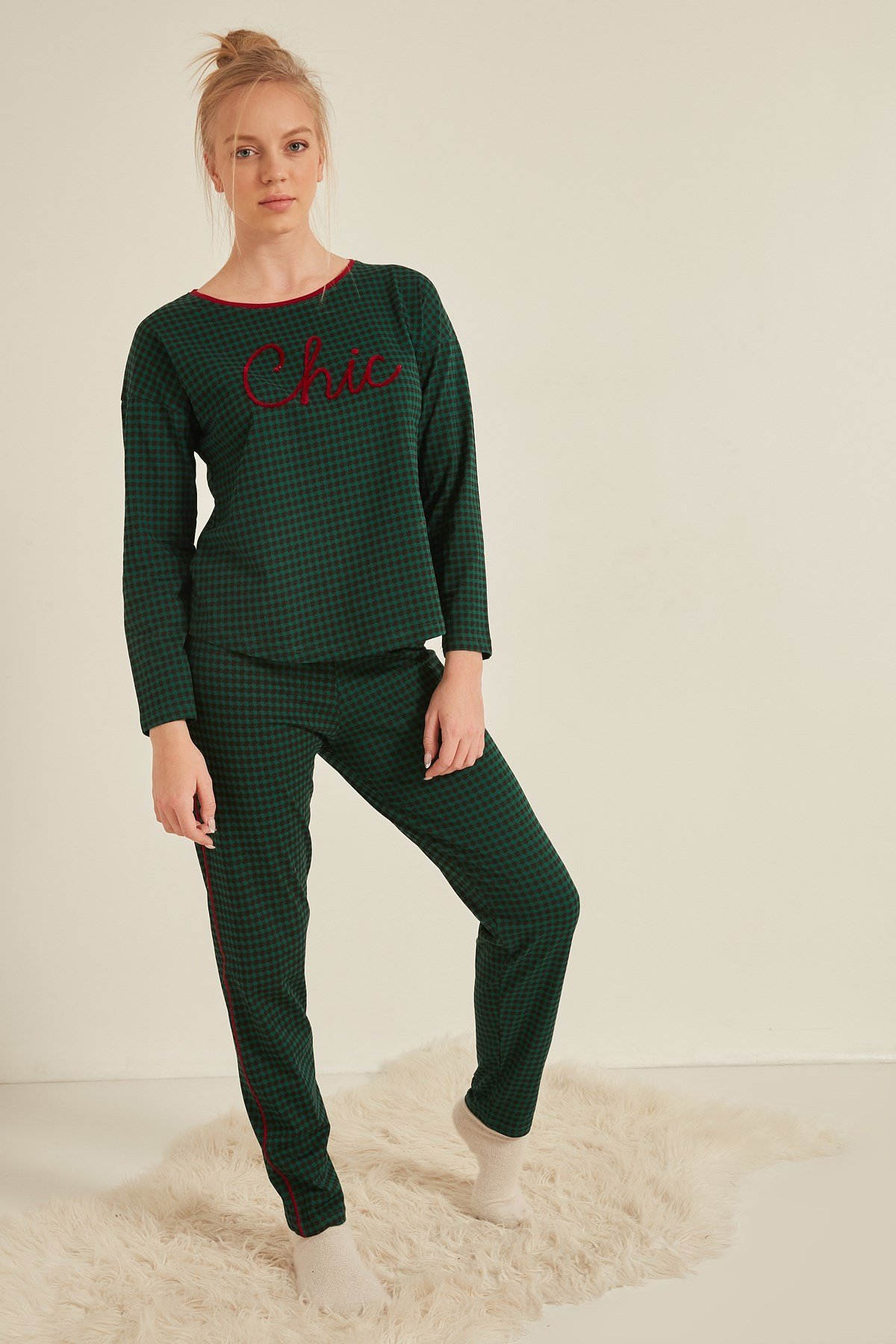 C&City Kadın Uzun Kol Pijama Takım 0041652090 Yeşil