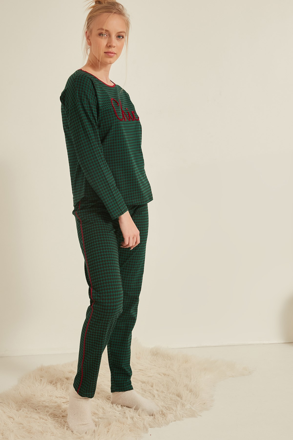 C&City Kadın Uzun Kol Pijama Takım 0041652090 Yeşil