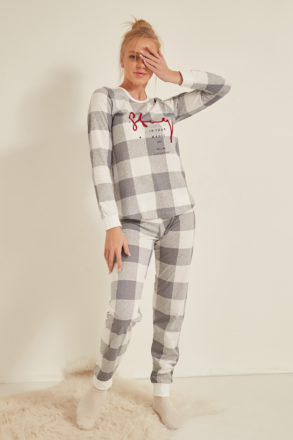 C&City Kadın Uzun Kol Pijama Takım 0042341722 Gri