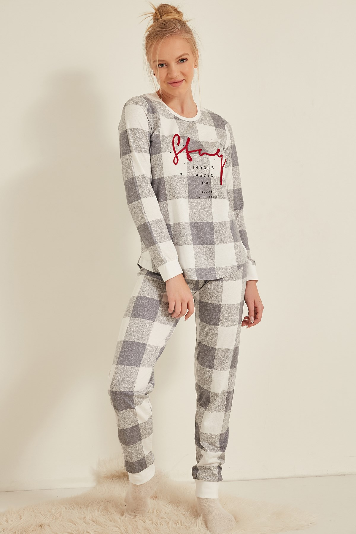 C&City Kadın Uzun Kol Pijama Takım 0042341722 Gri