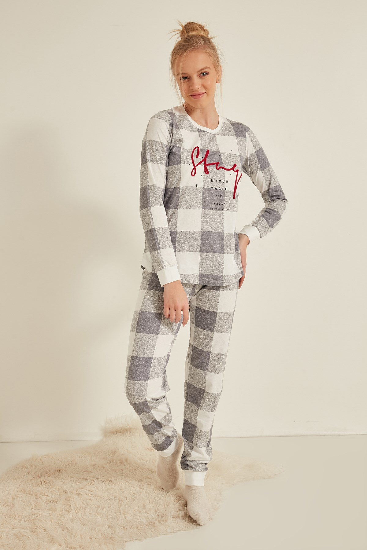 C&City Kadın Uzun Kol Pijama Takım 0042341722 Gri