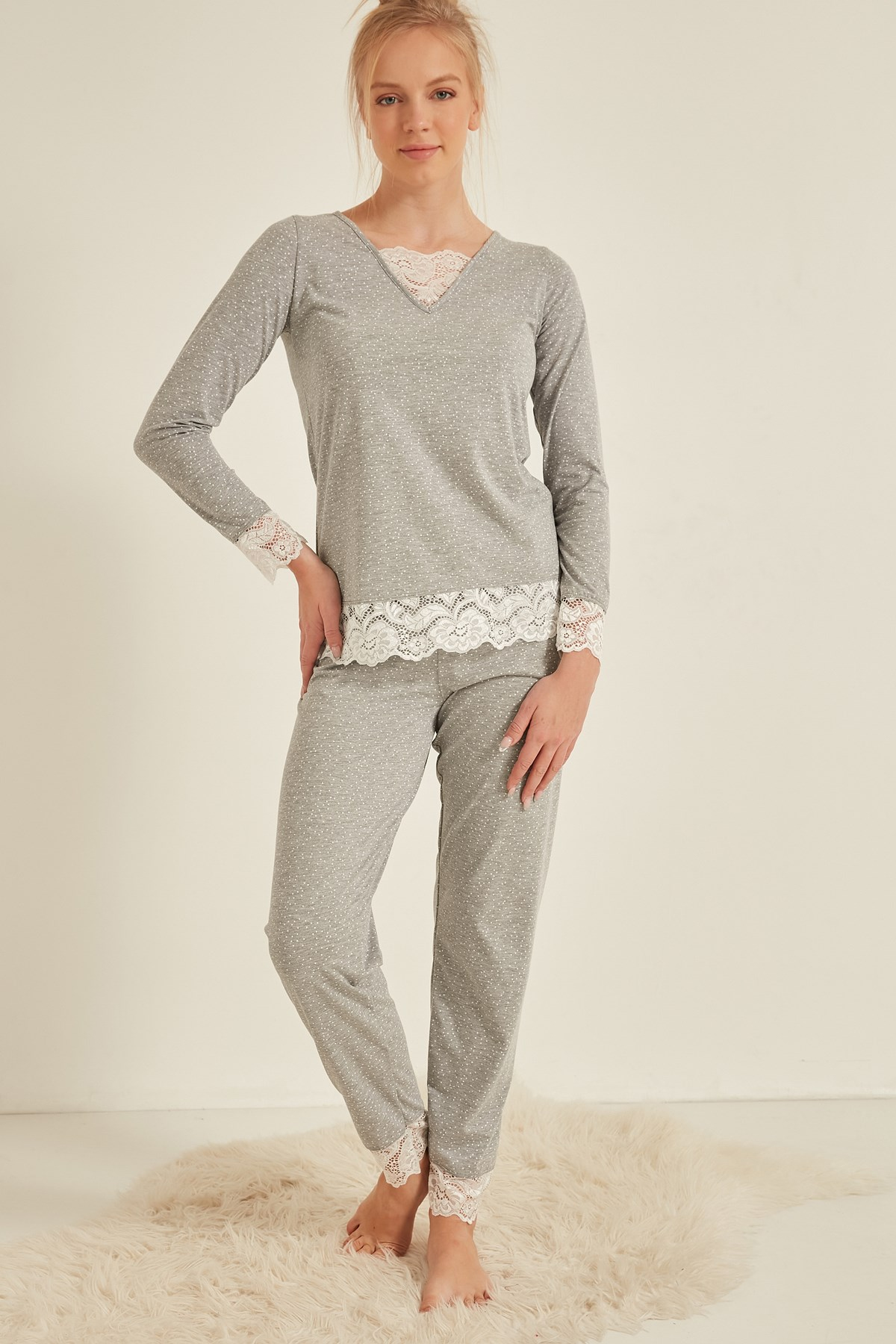 C&City Kadın Uzun Kol Pijama Takım 0042620944 Gri Melanj