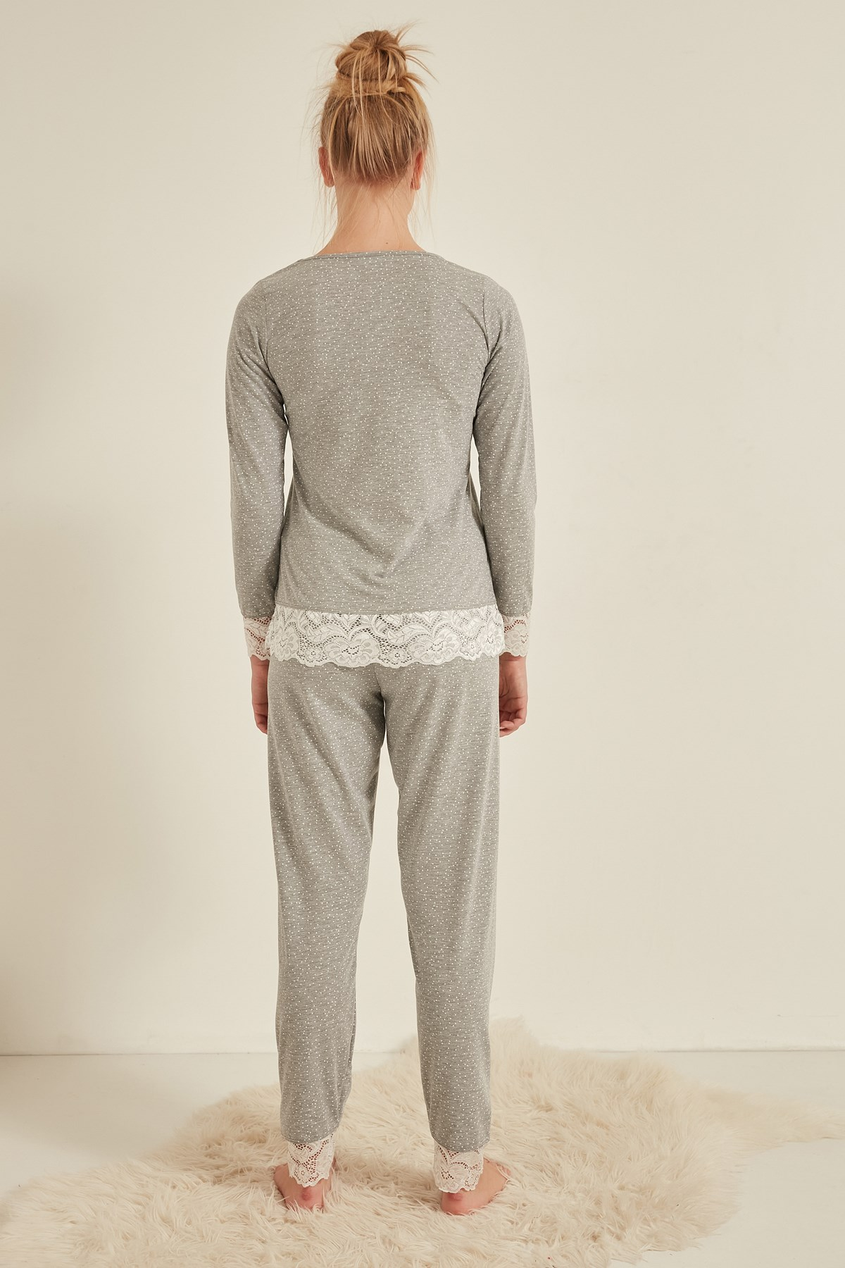 C&City Kadın Uzun Kol Pijama Takım 0042620944 Gri Melanj