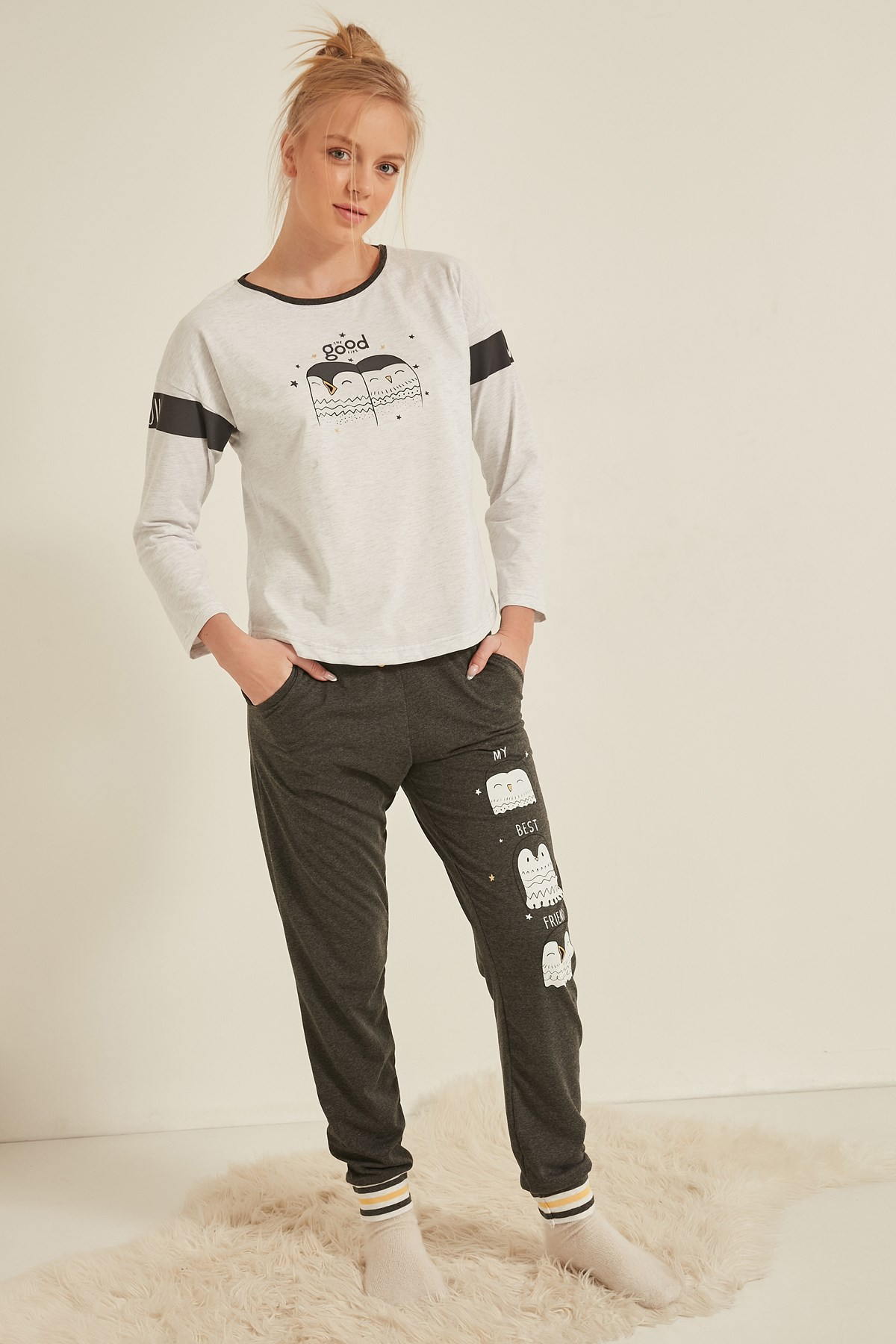 C&City Kadın Uzun Kol Pijama Takım 0050790000 Gri Melanj