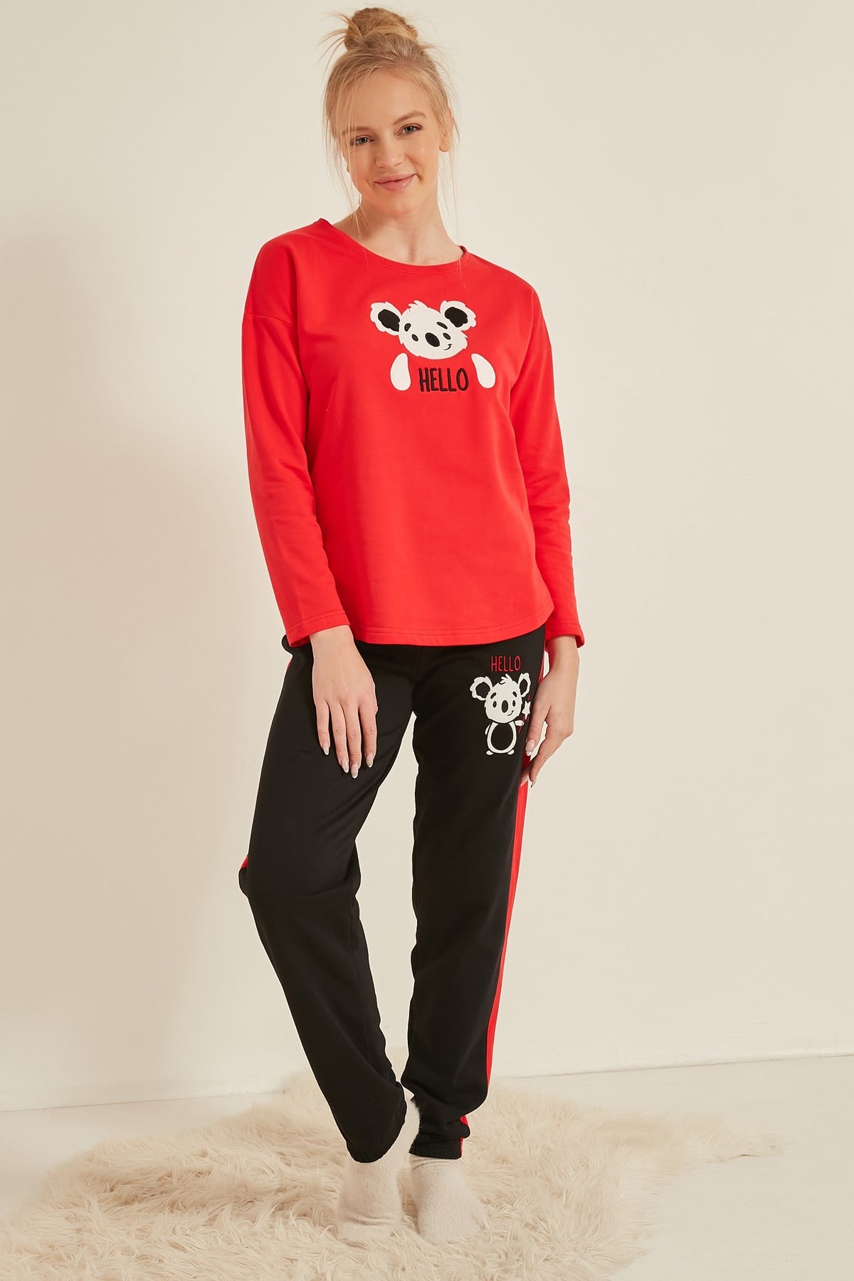 C&City Kadın Uzun Kol Pijama Takım 0050970000 Kırmızı