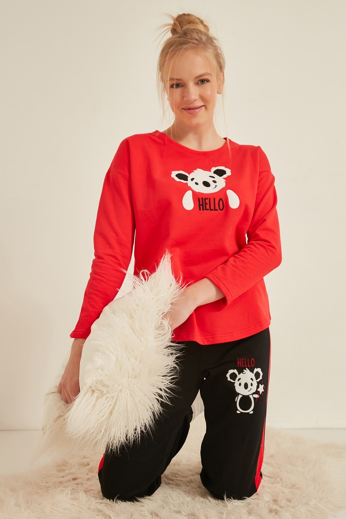 C&City Kadın Uzun Kol Pijama Takım 0050970000 Kırmızı