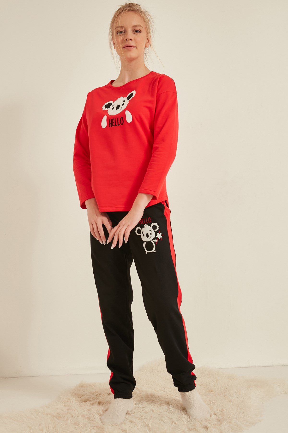 C&City Kadın Uzun Kol Pijama Takım 0050970000 Kırmızı