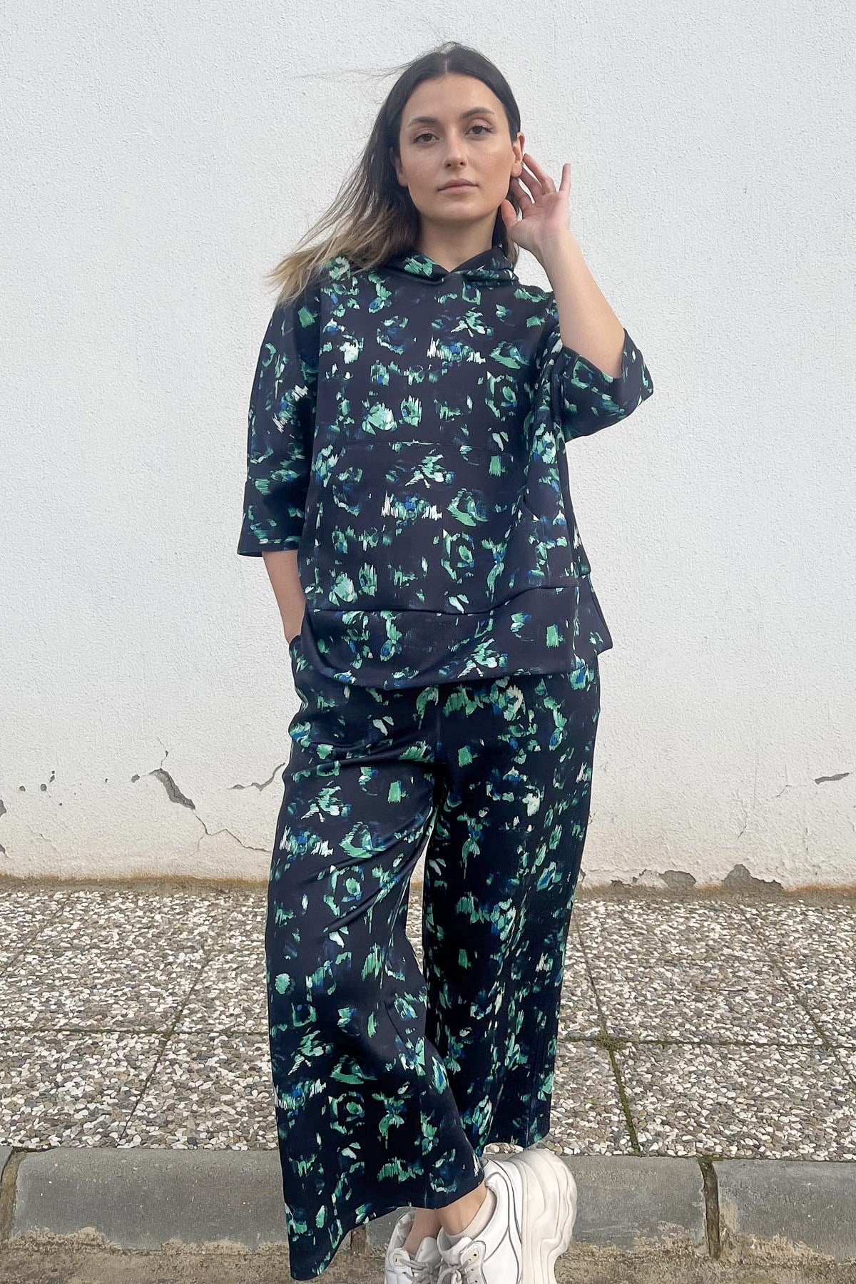 C&City Kapüşonlu Kısa Kol Sweatshirt 833 Siyah/Yeşil