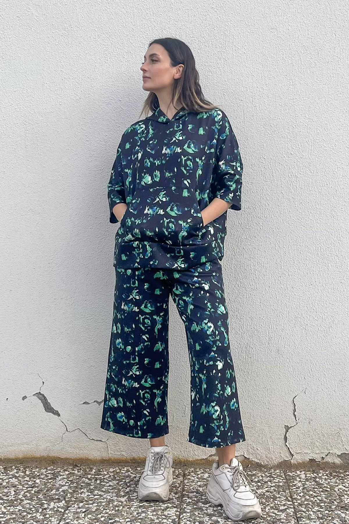 C&City Kapüşonlu Kısa Kol Sweatshirt 833 Siyah/Yeşil