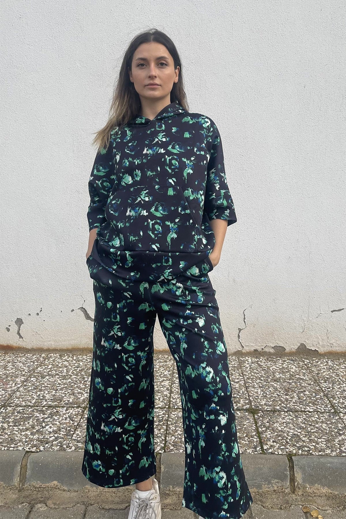 C&City Kapüşonlu Kısa Kol Sweatshirt 833 Siyah/Yeşil