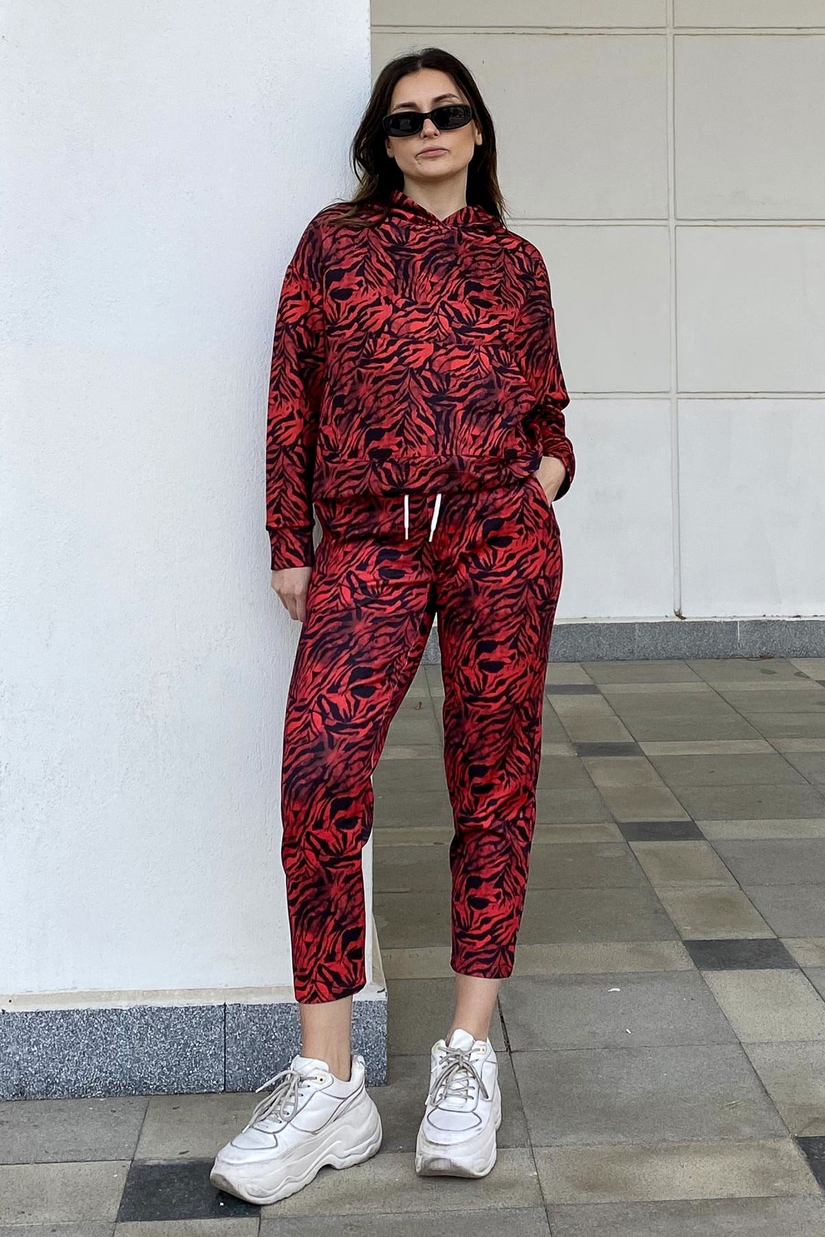 C&City Kapüşonlu Manşetli Uzun Kol Sweatshirt 838 Kırmızı/Siyah