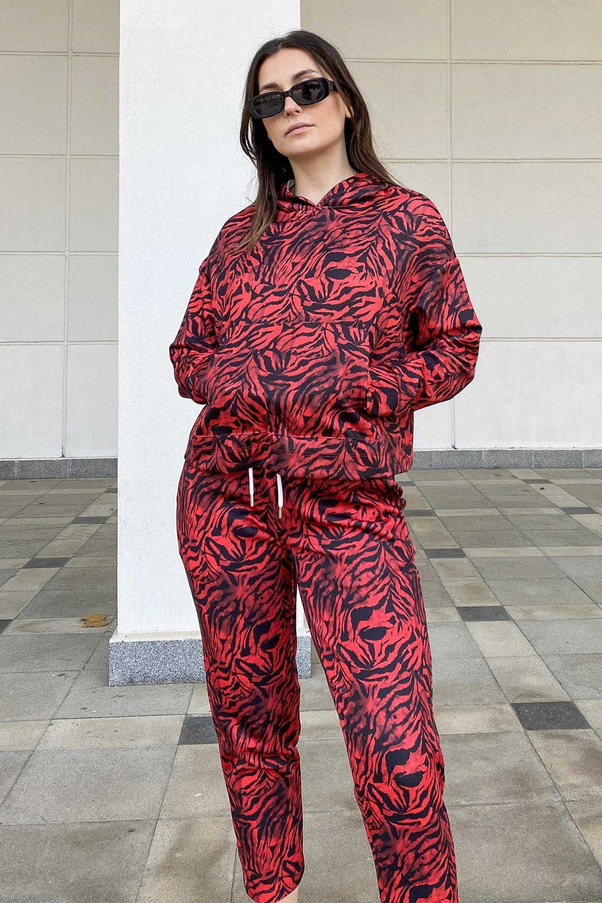 C&City Kapüşonlu Manşetli Uzun Kol Sweatshirt 838 Kırmızı/Siyah