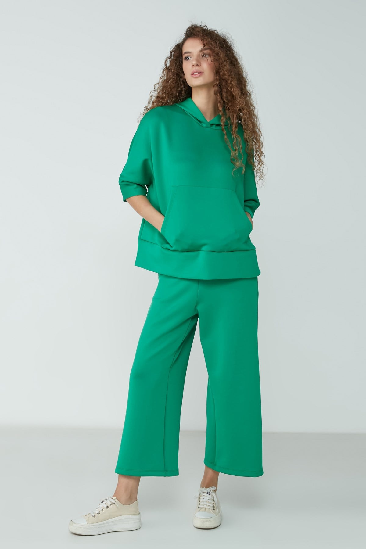 C&City Kapüşonlu Sweatshirt Bol Paça Pantolon Pijama Takım 9102 Yeşil