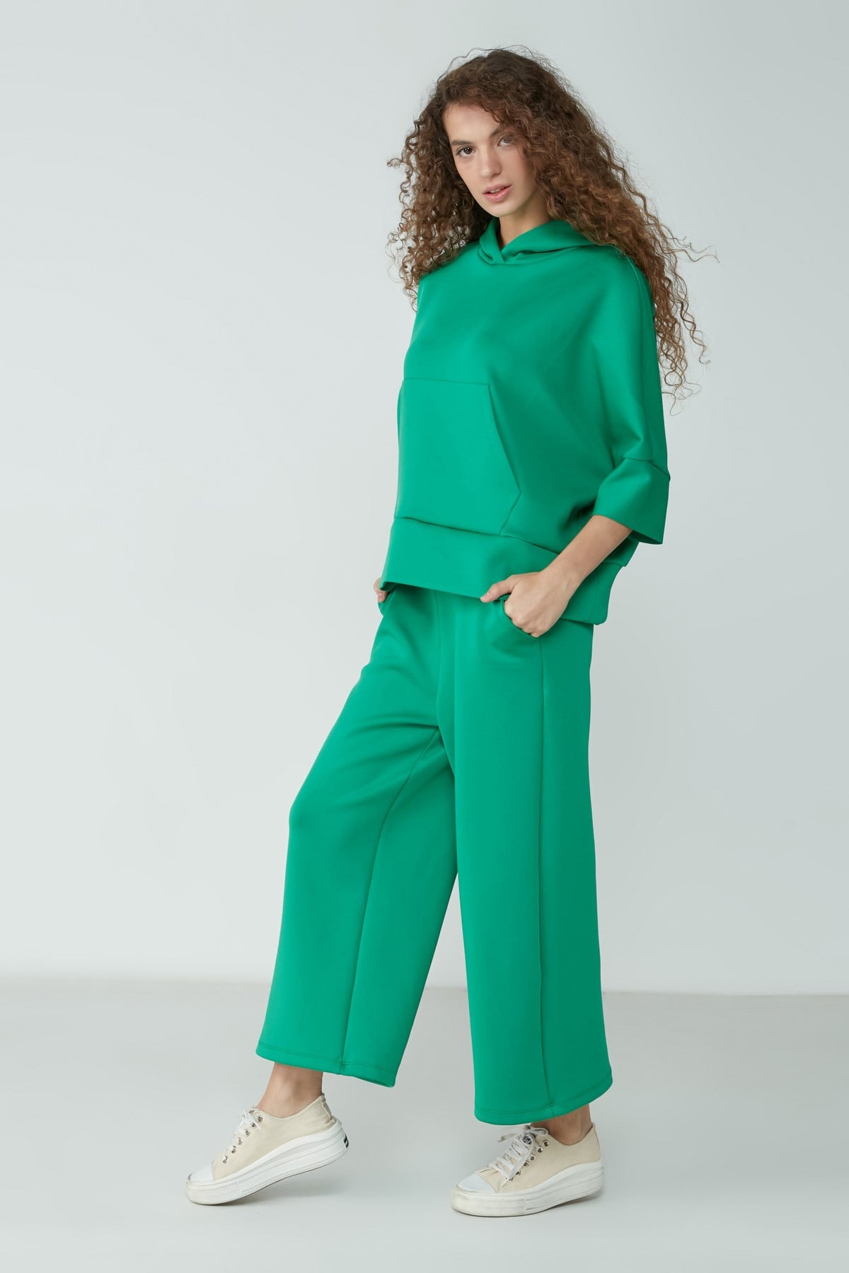 C&City Kapüşonlu Sweatshirt Bol Paça Pantolon Pijama Takım 9102 Yeşil